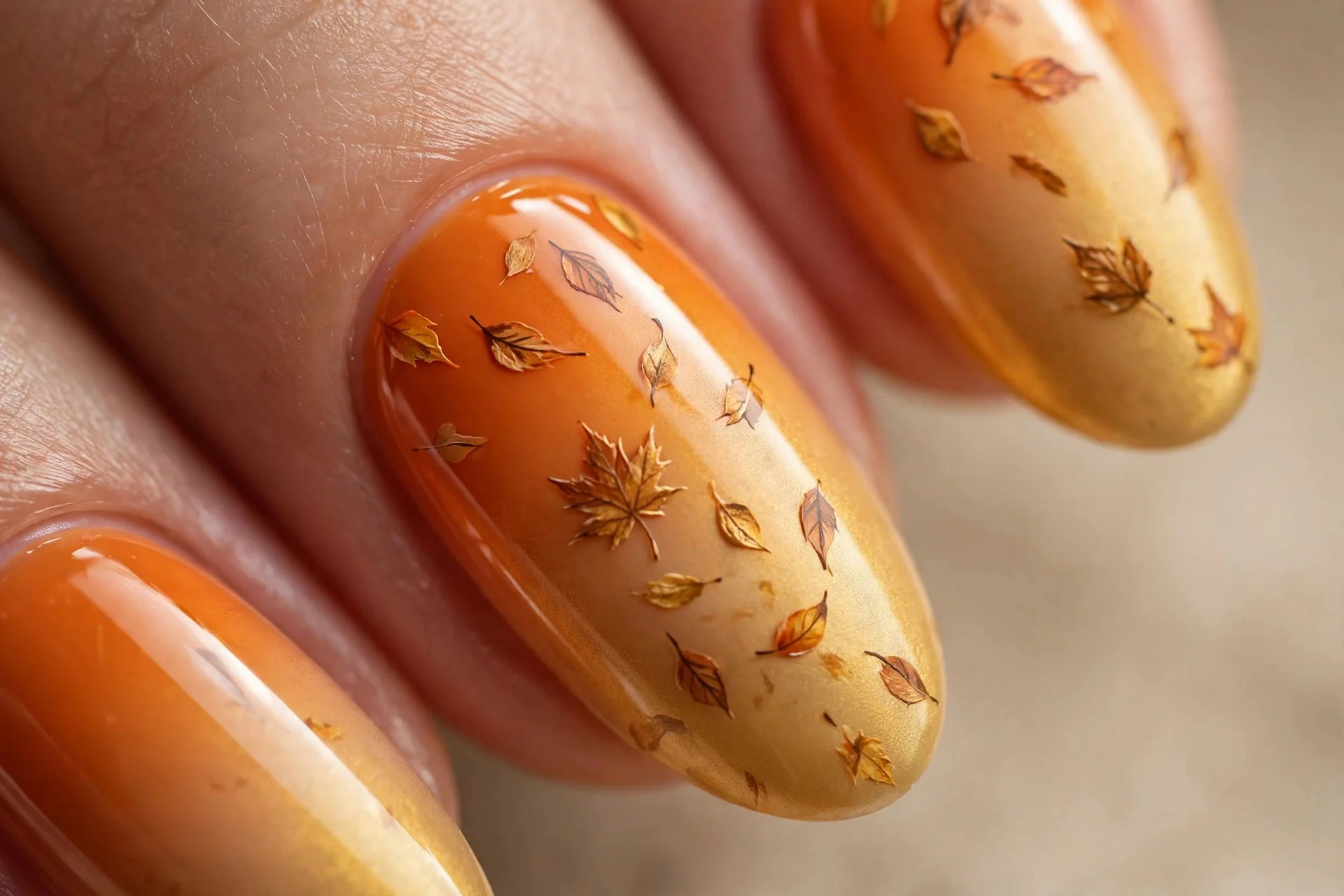 Almond nails with pumpkin-to-gold ombre and hand-painted falling leaves, glossy, dark background