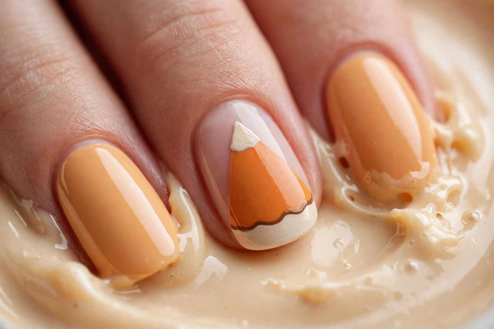 Almond nails in pumpkin creme with pumpkin-pie-slice accent nail, glossy, beige background