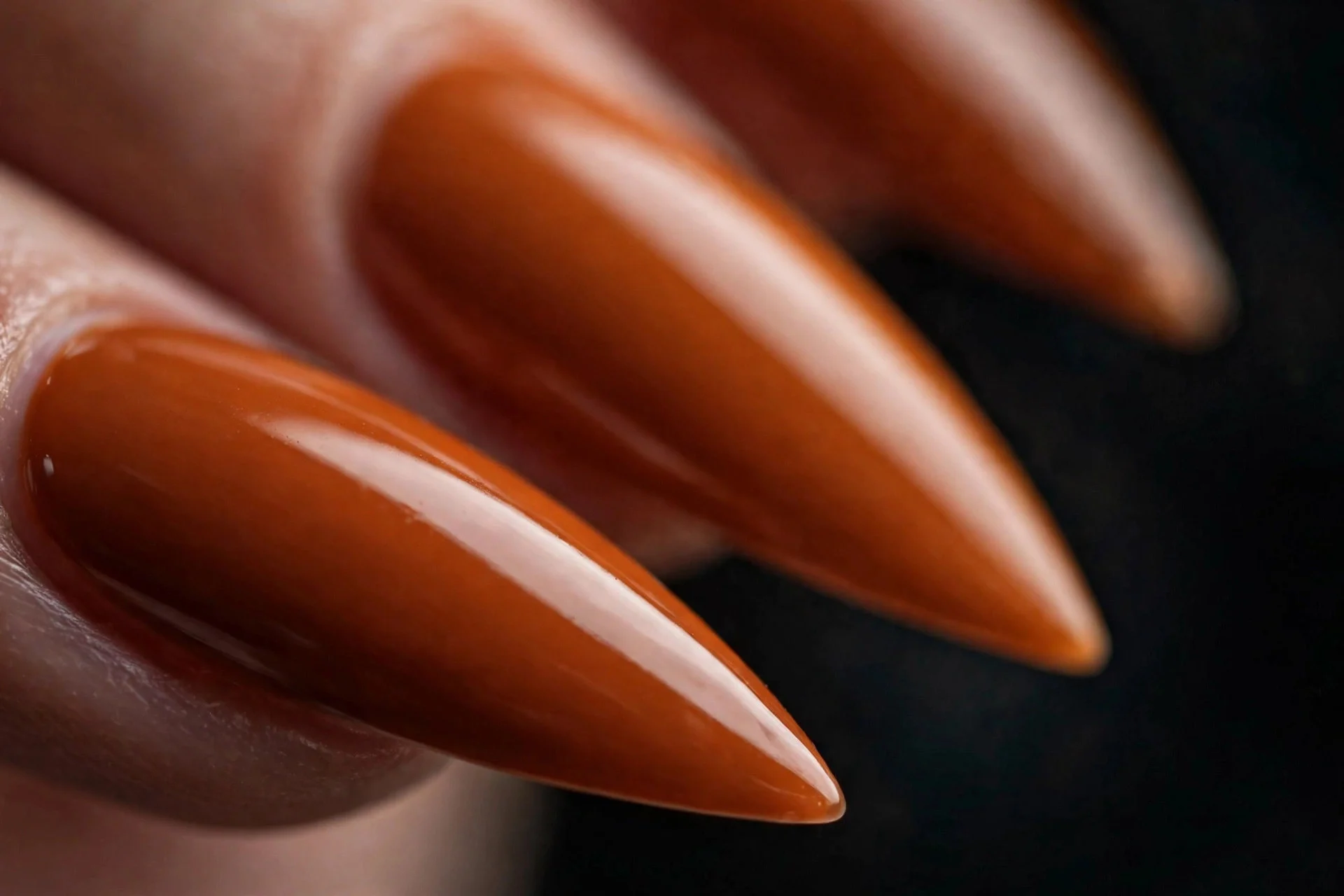 Long stiletto nails in burnt pumpkin creme, glossy, dark background