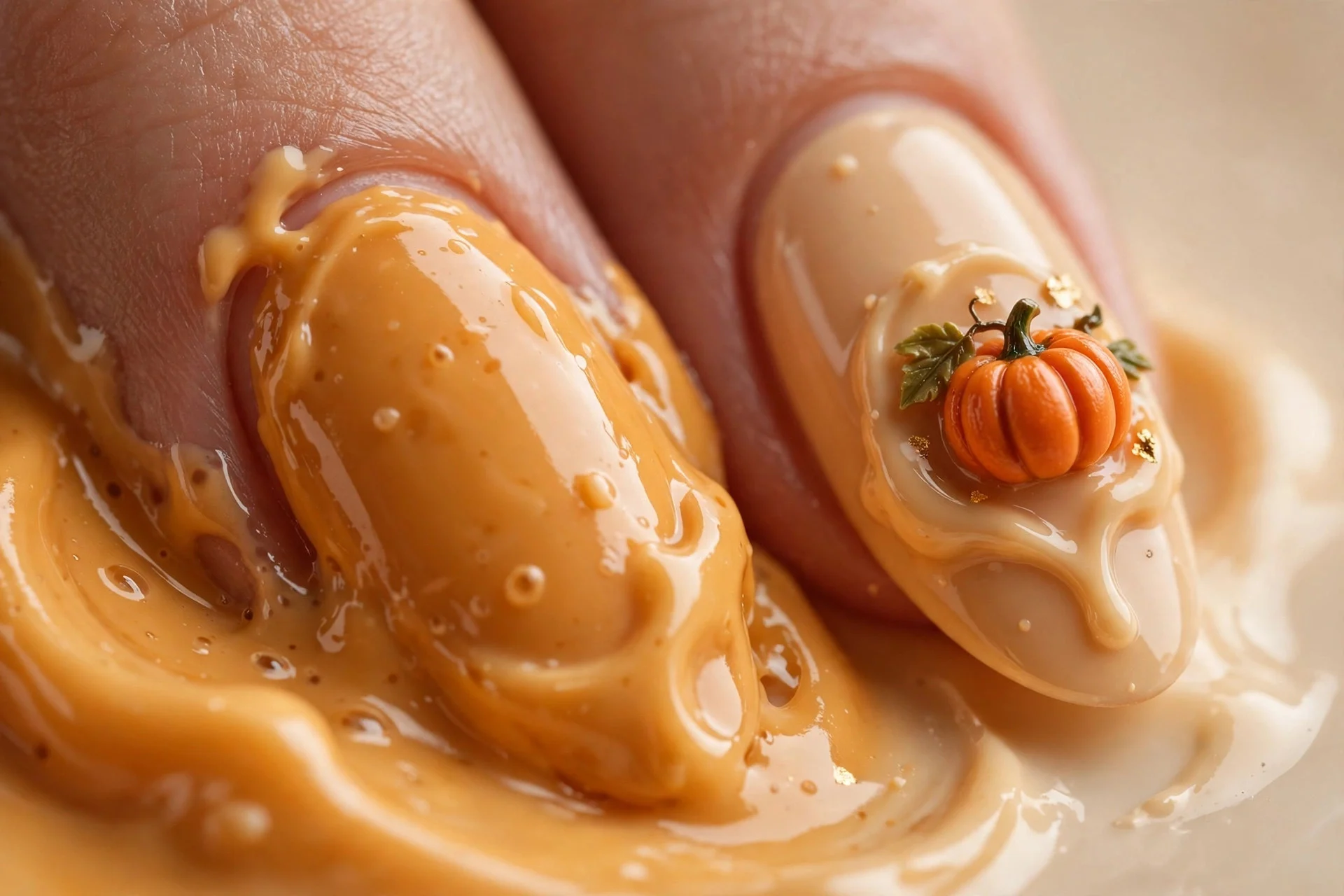 Almond nails in pumpkin creme with 3D pumpkin charms on accent nails, glossy, beige background