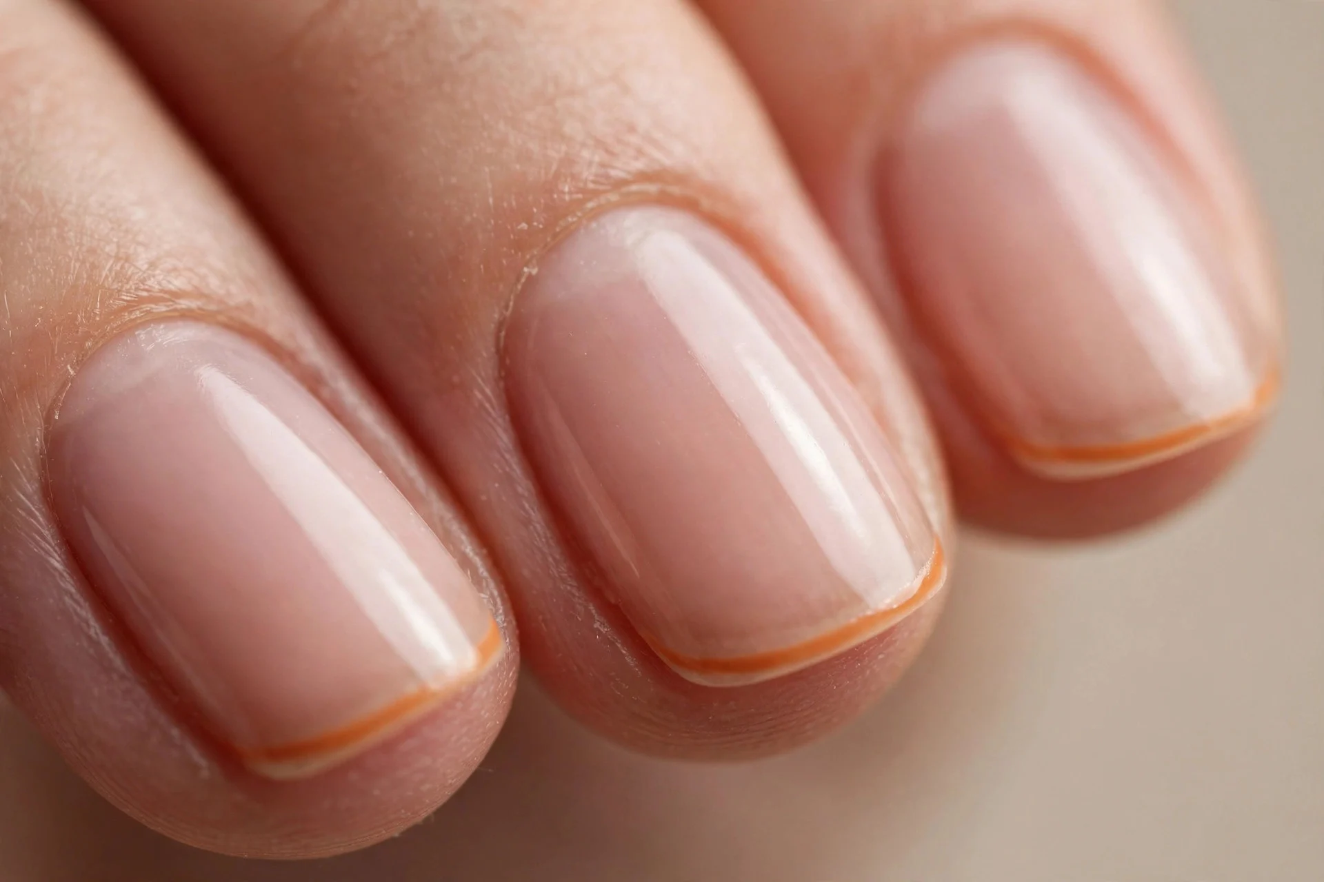 Short almond nails with sheer nude base and thin pumpkin micro-French tips, glossy, beige background