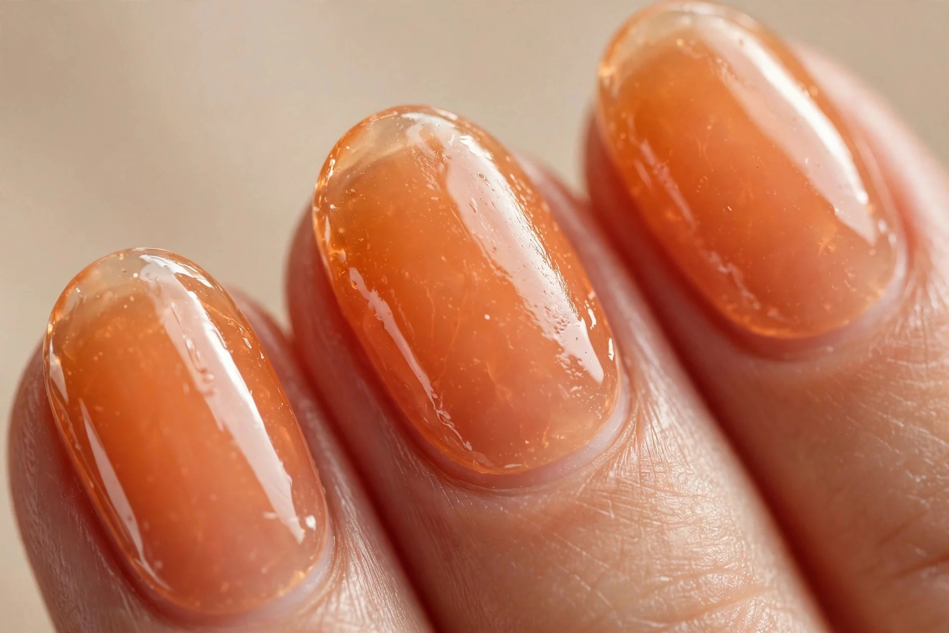 Oval nails with sheer pumpkin jelly wash, translucent tint, glossy, beige background