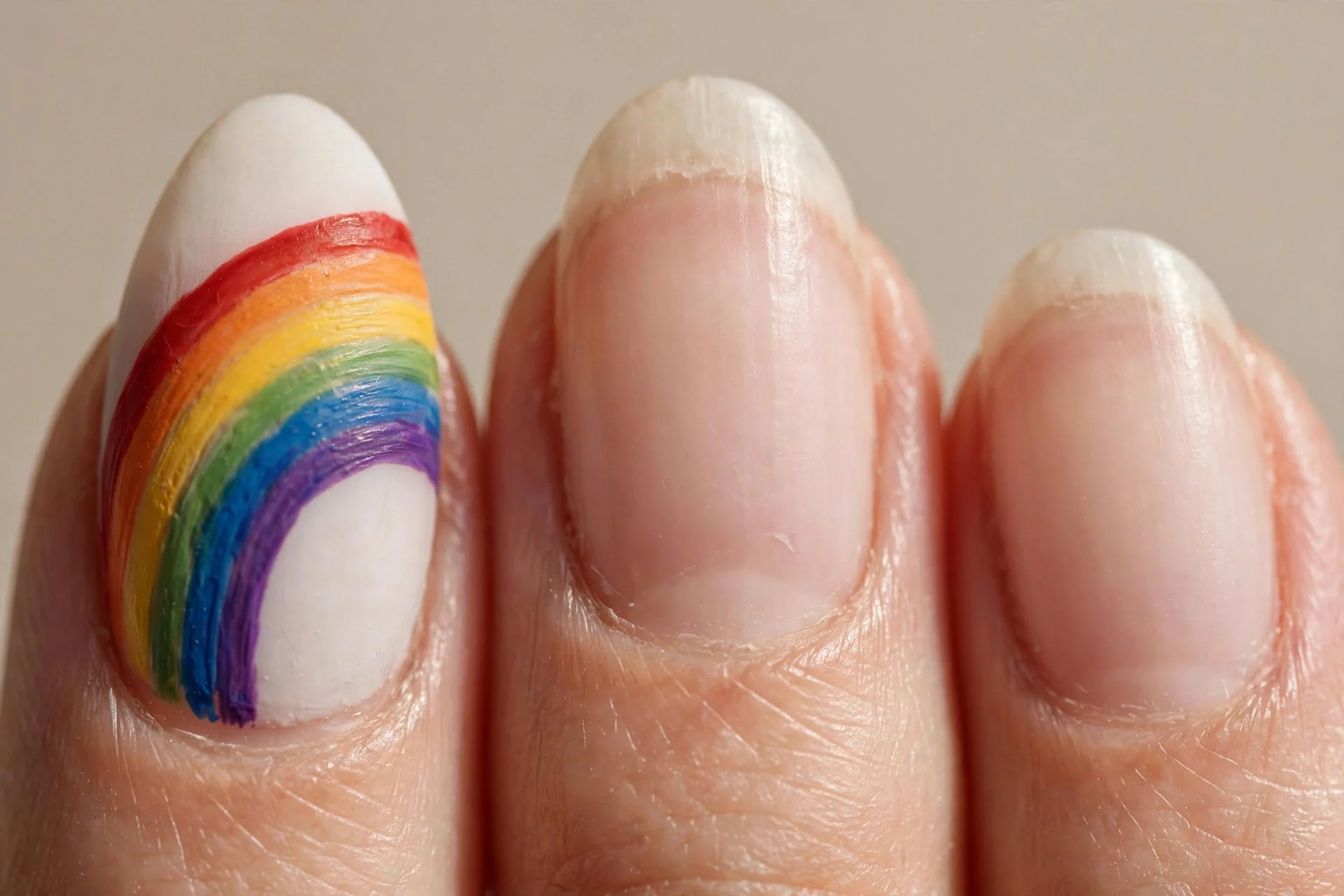 one almond fingernail with a hand-painted rainbow arch of red orange yellow green blue purple bands over milky white