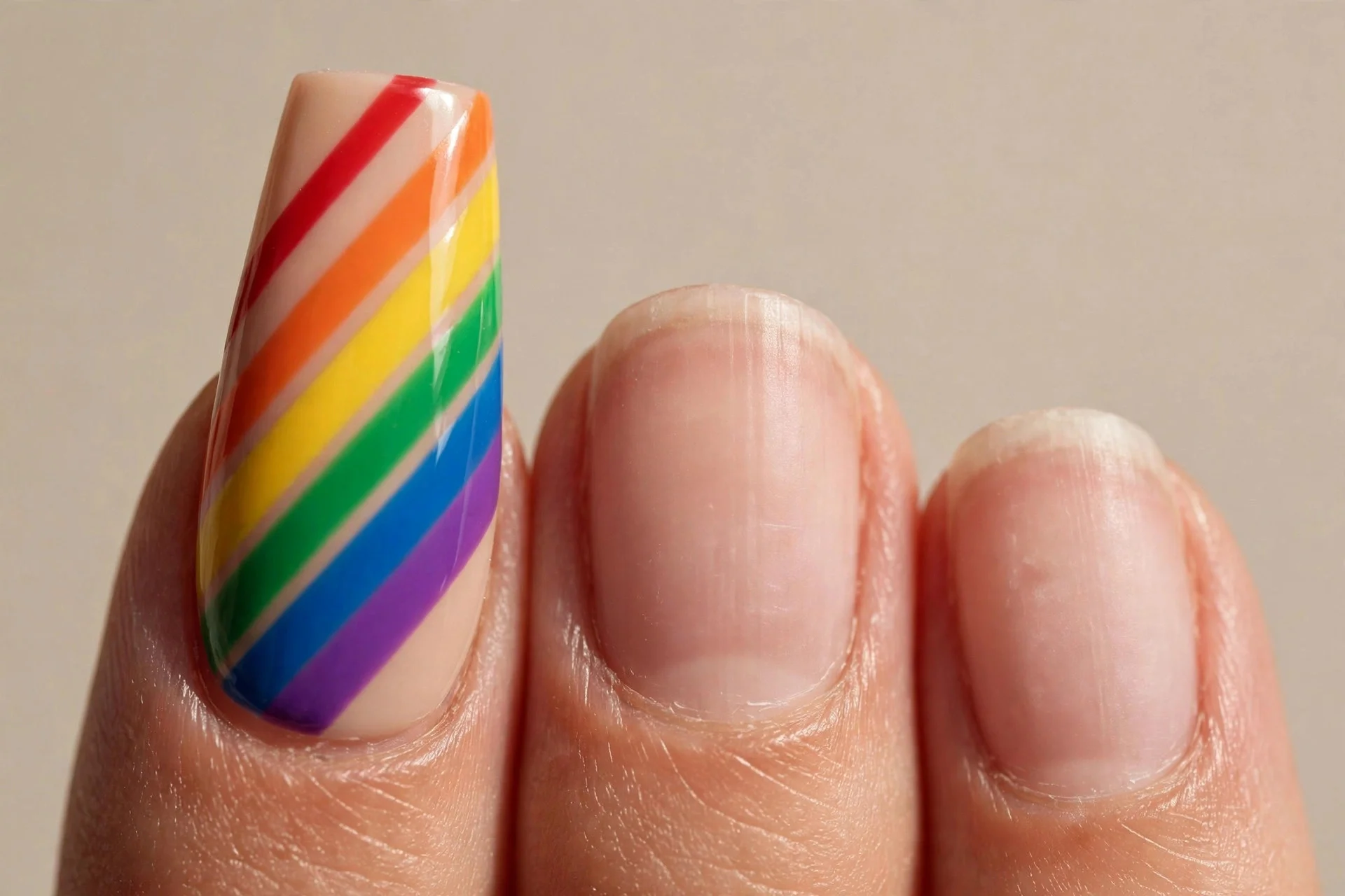 one coffin fingernail with crisp diagonal rainbow stripes slanting across a nude base