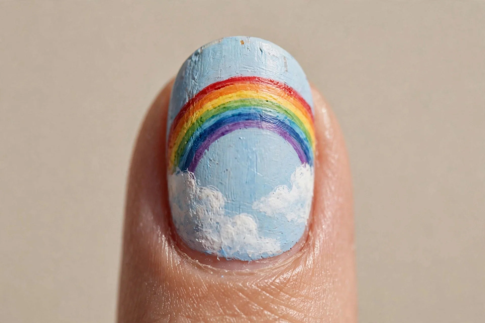 one oval fingernail with a hand-painted rainbow arch over fluffy white clouds on sky-blue