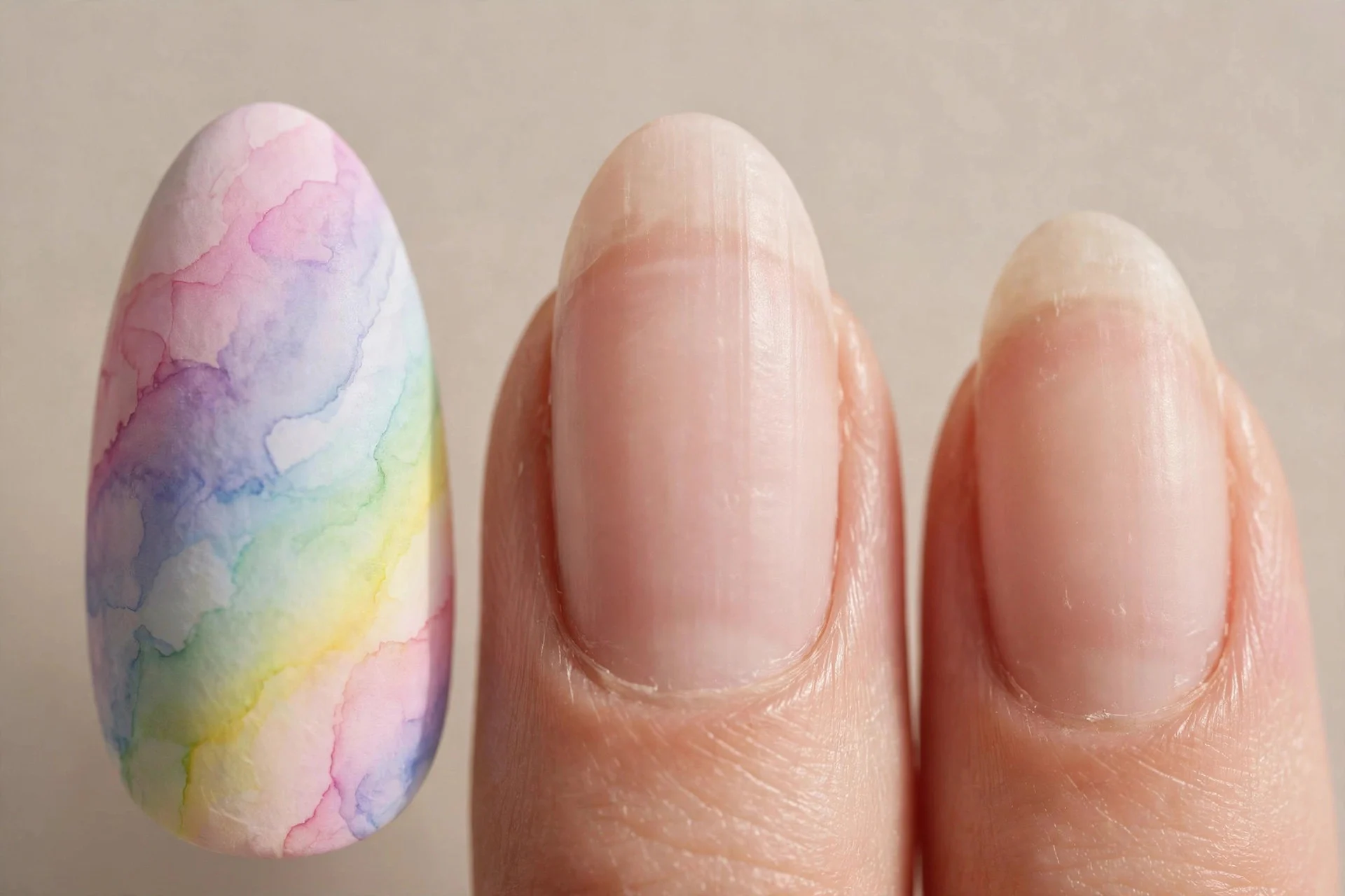 one almond fingernail with a soft watercolour rainbow wash, blended pastel bands, dreamy