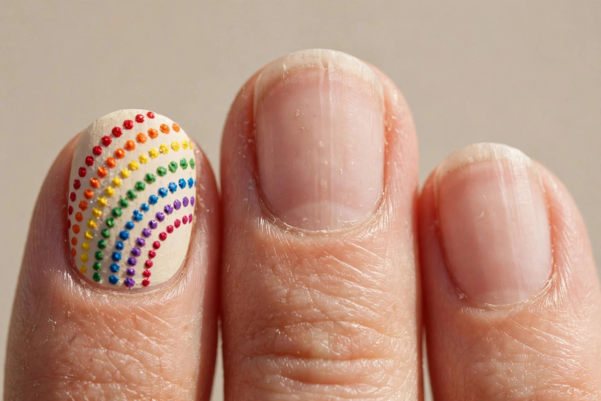 one round fingernail with rainbow arcs of graduated dots in red orange yellow green blue purple on cream