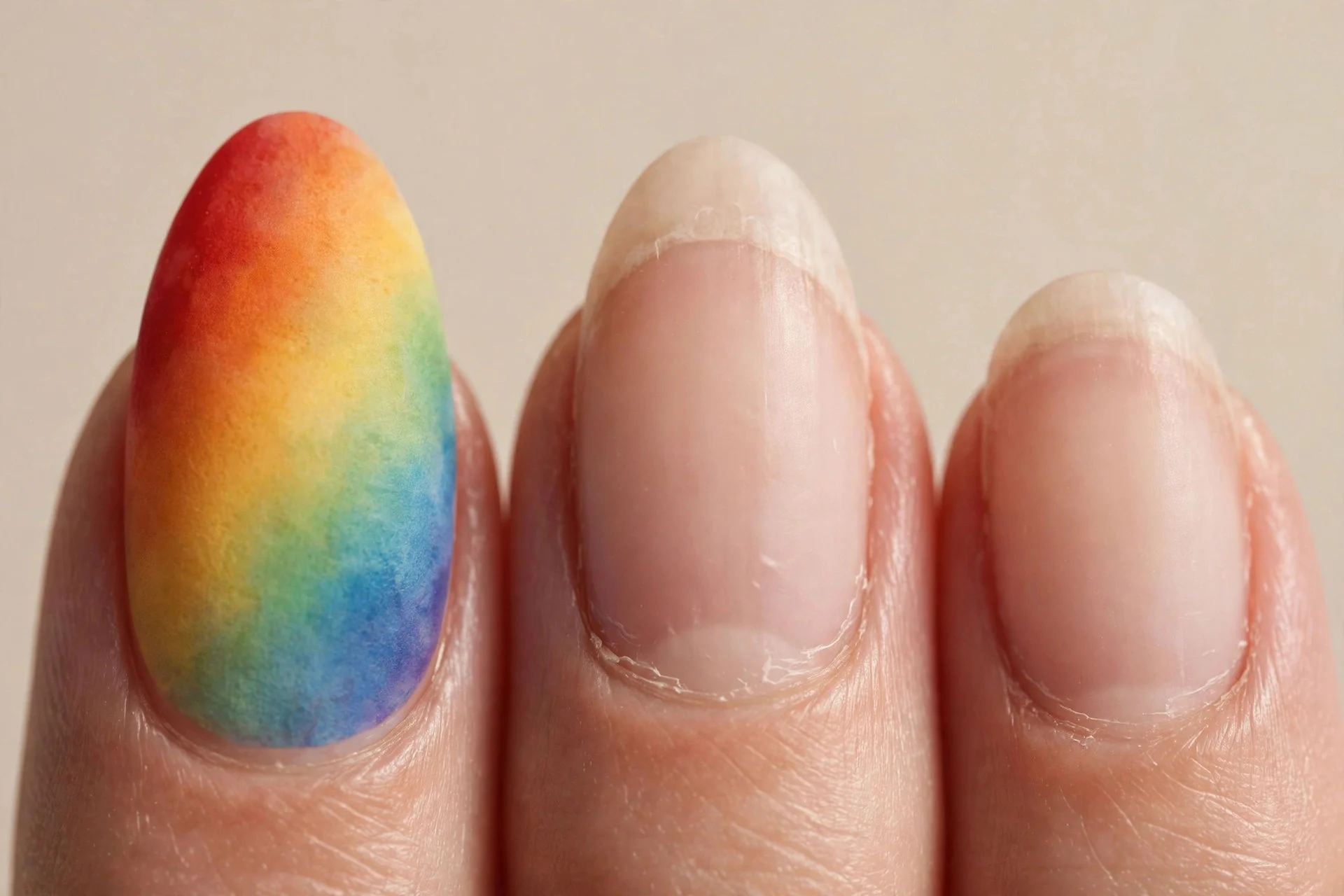 one almond fingernail with a seamless sponge-blended rainbow ombr&eacute; from red through blue