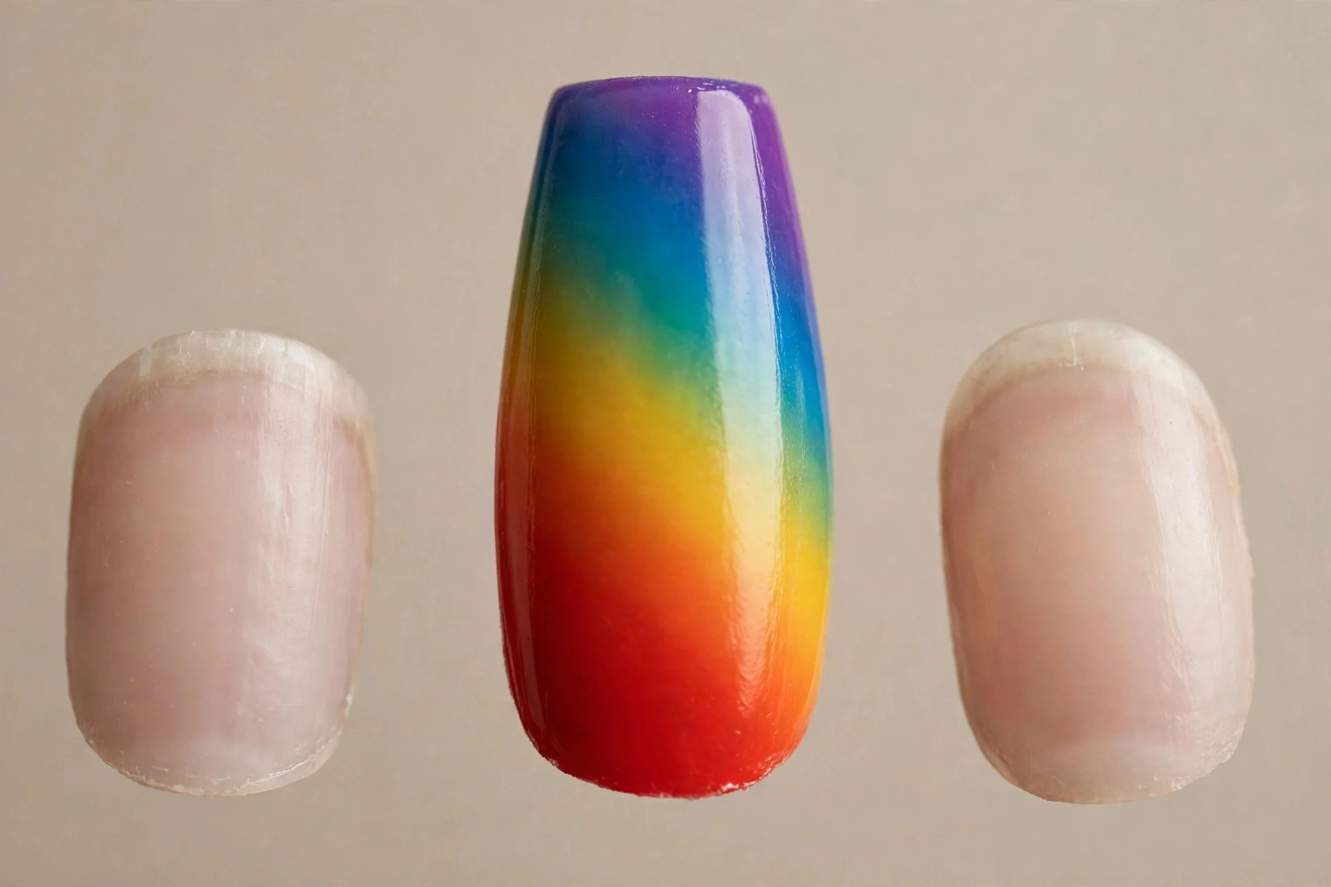one coffin fingernail with a vertical rainbow gradient from red at the cuticle to purple at the tip