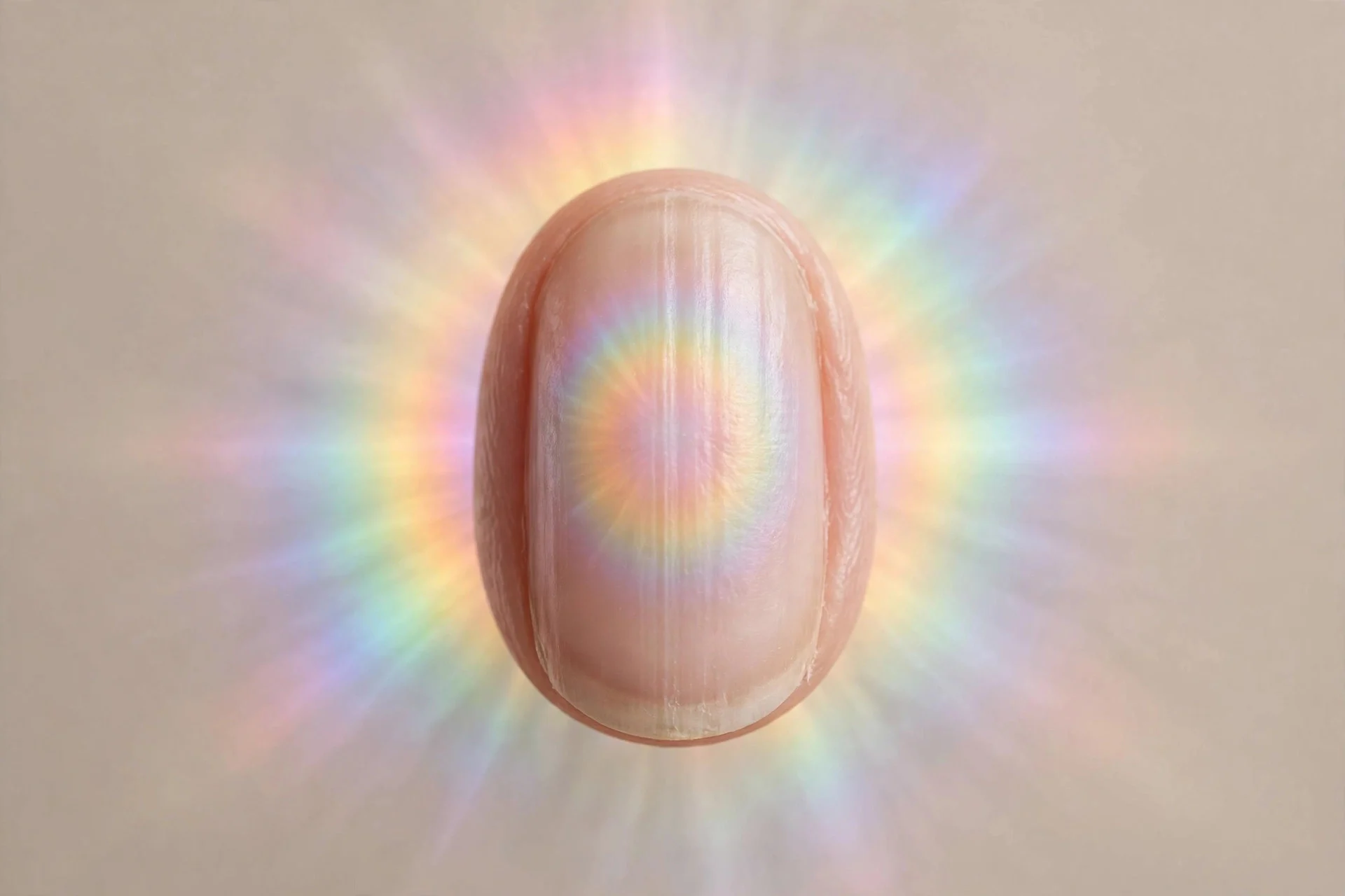 one oval fingernail with rainbow aura halos radiating from the nail centre, dreamy