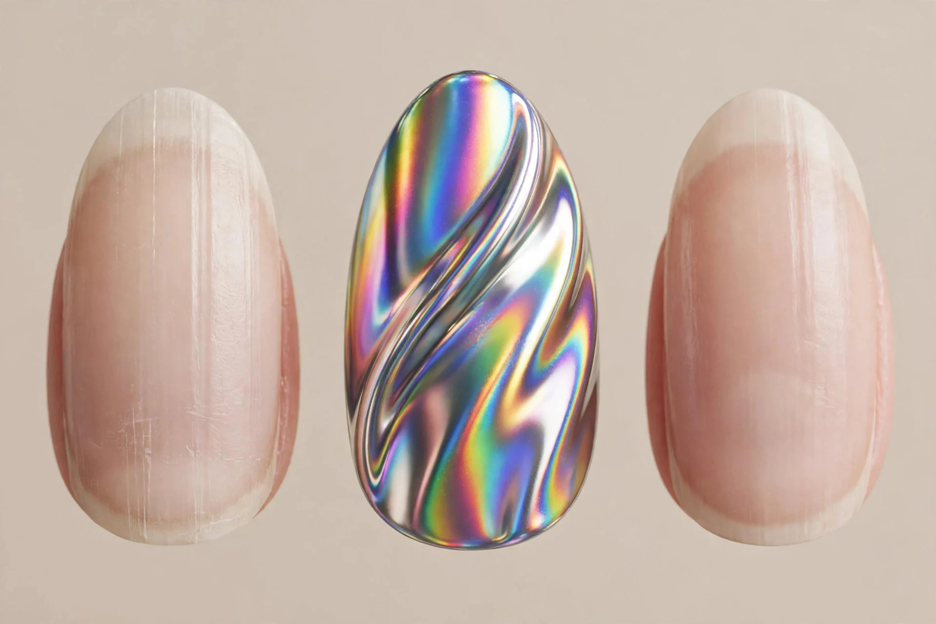 one almond fingernail in holographic chrome over rainbow bands, liquid metal shimmer