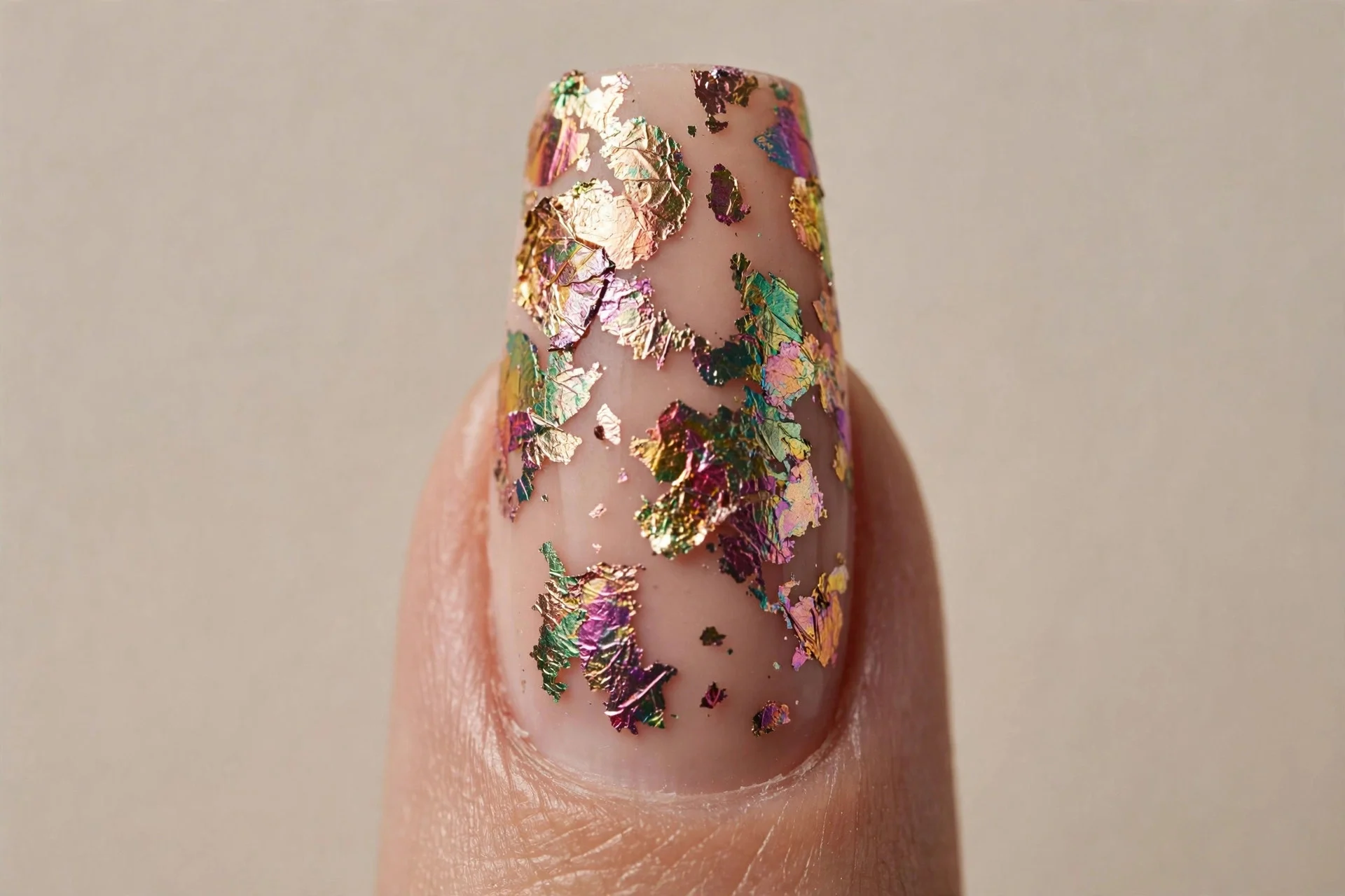 one coffin fingernail with torn metallic rainbow foil fragments scattered on a nude base