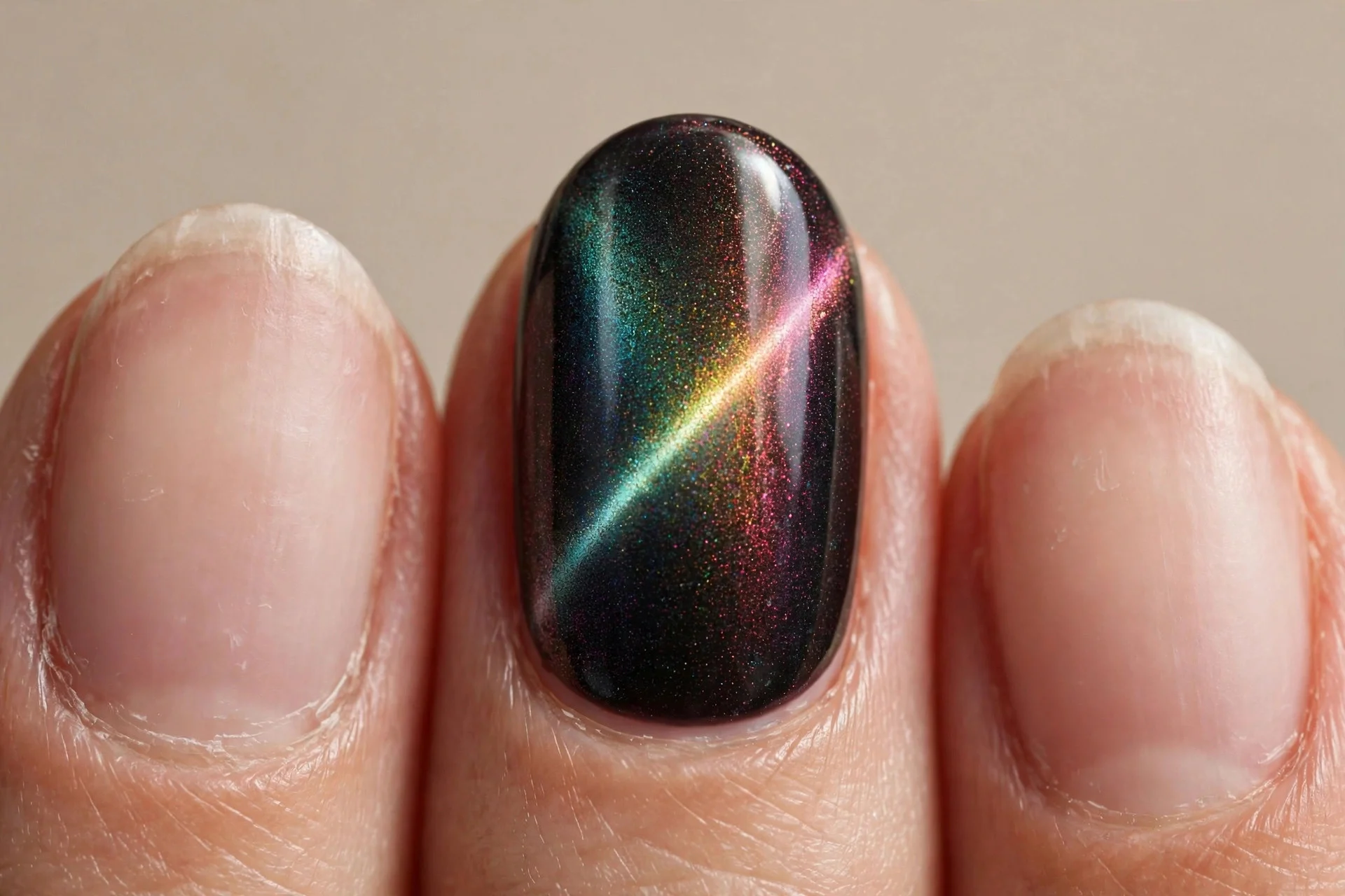 one oval fingernail with magnetic cat-eye polish, a shifting rainbow light band across the surface