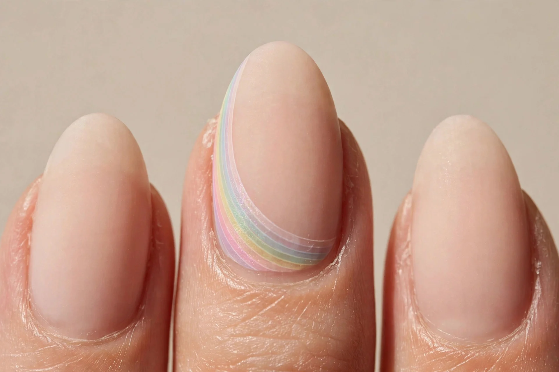 one almond fingernail with sheer pastel rainbow bands in a corner arc on a nude base