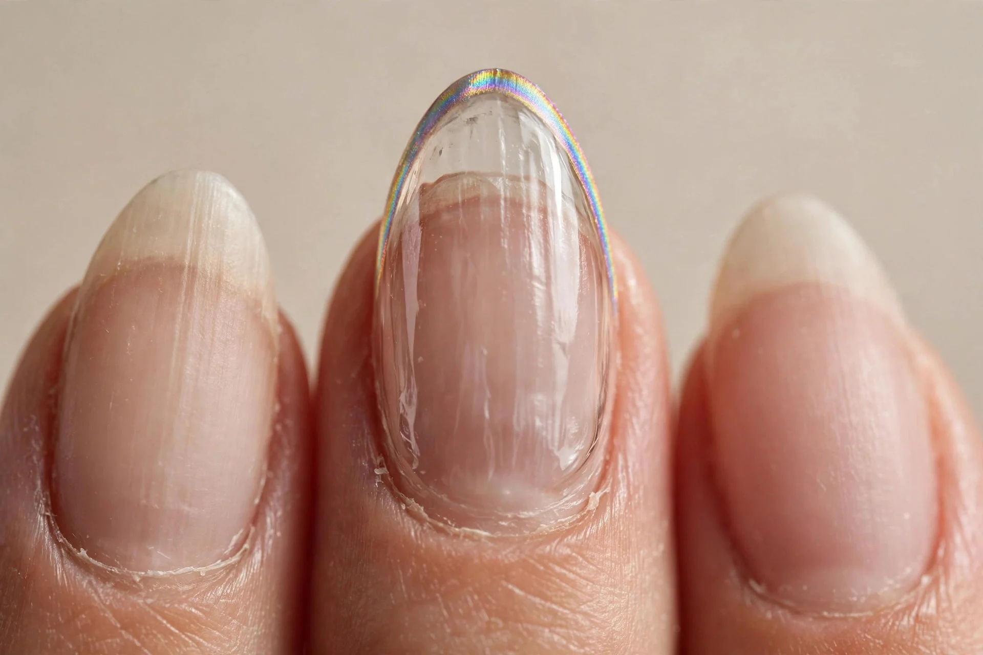 one almond fingernail with a hairline rainbow band along the very tip over a sheer glass base