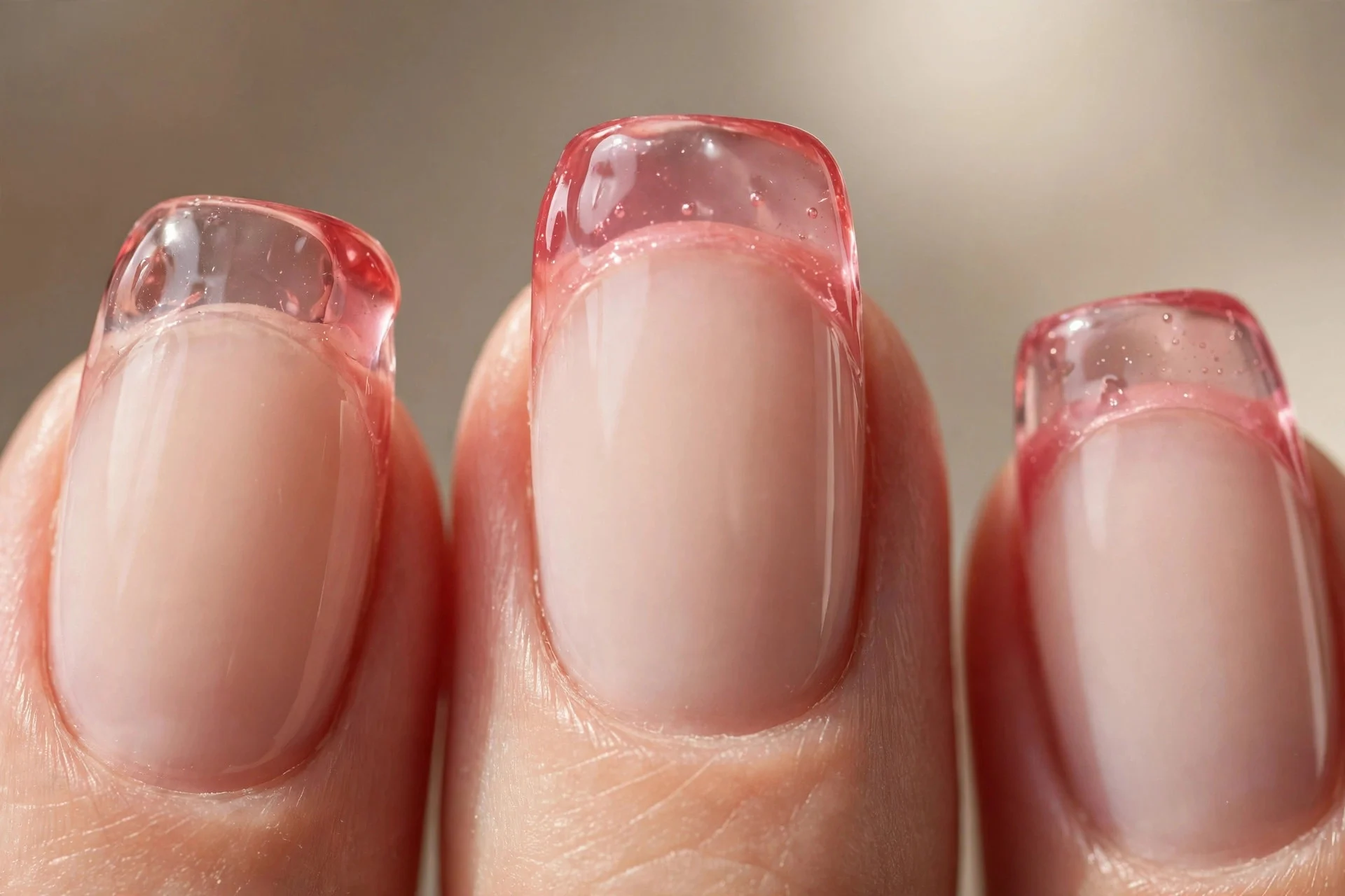 Sheer raspberry jelly French tips over milky nude base