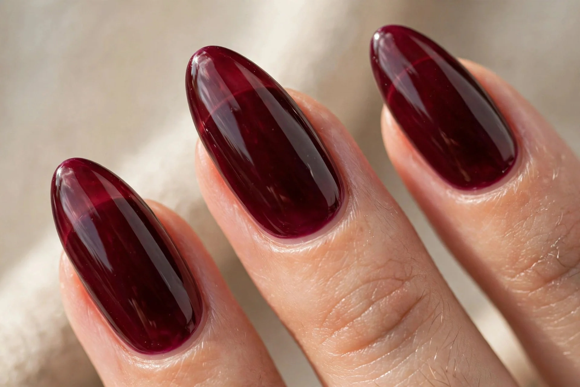 Long almond nails, dark vampy raspberry jelly