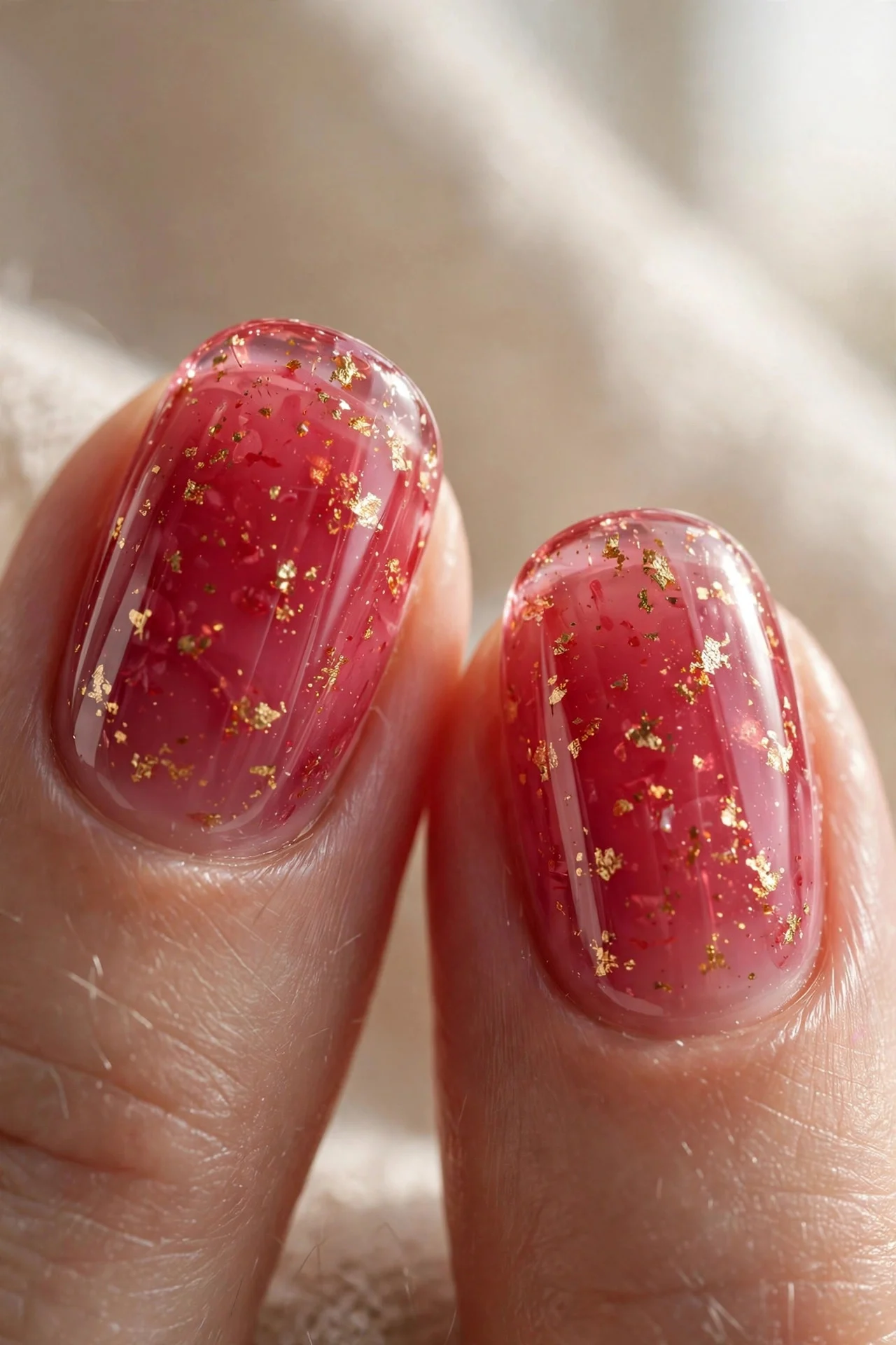 Raspberry jelly nails with tiny gold foil flecks