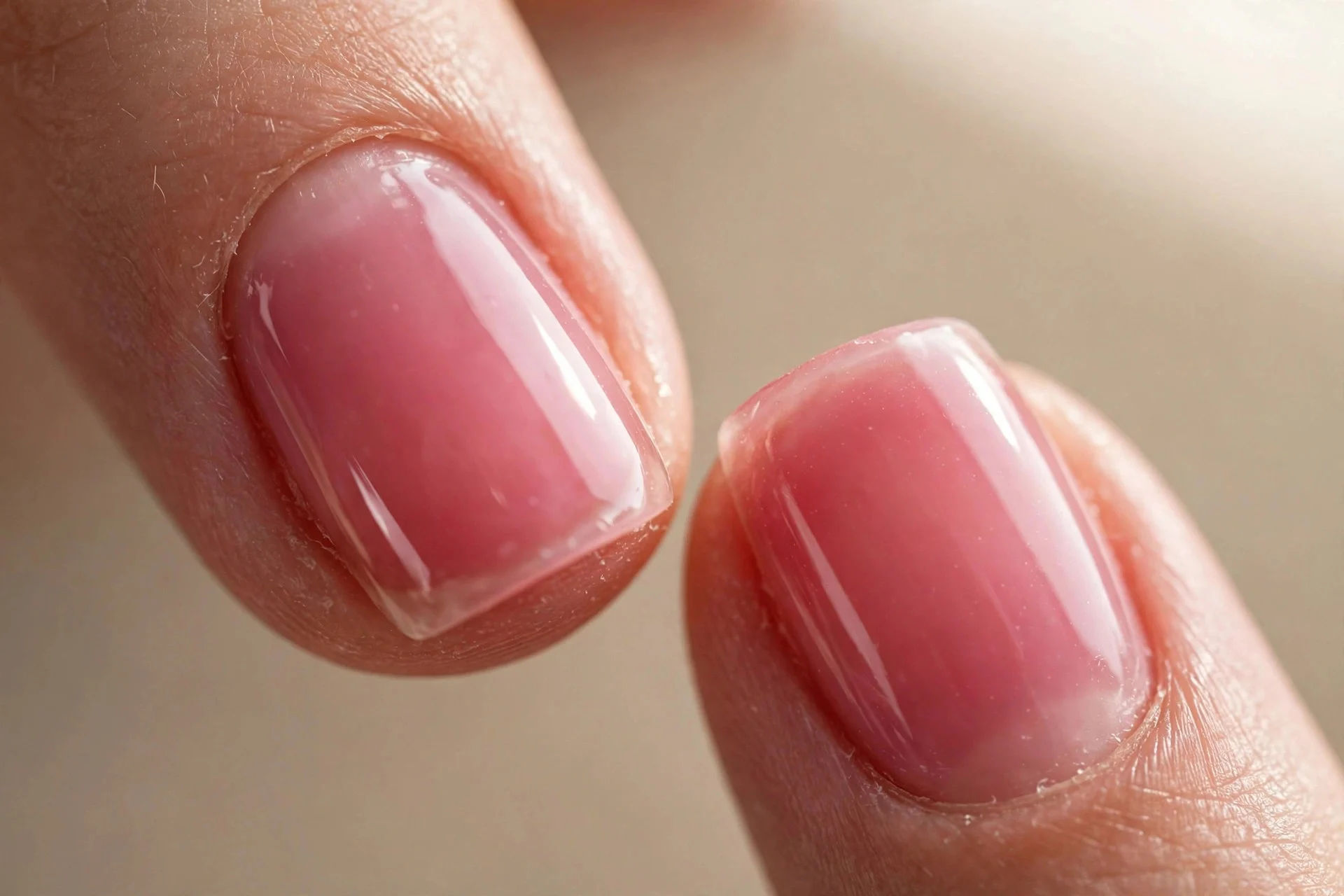 Short square nails, sheer raspberry jelly polish