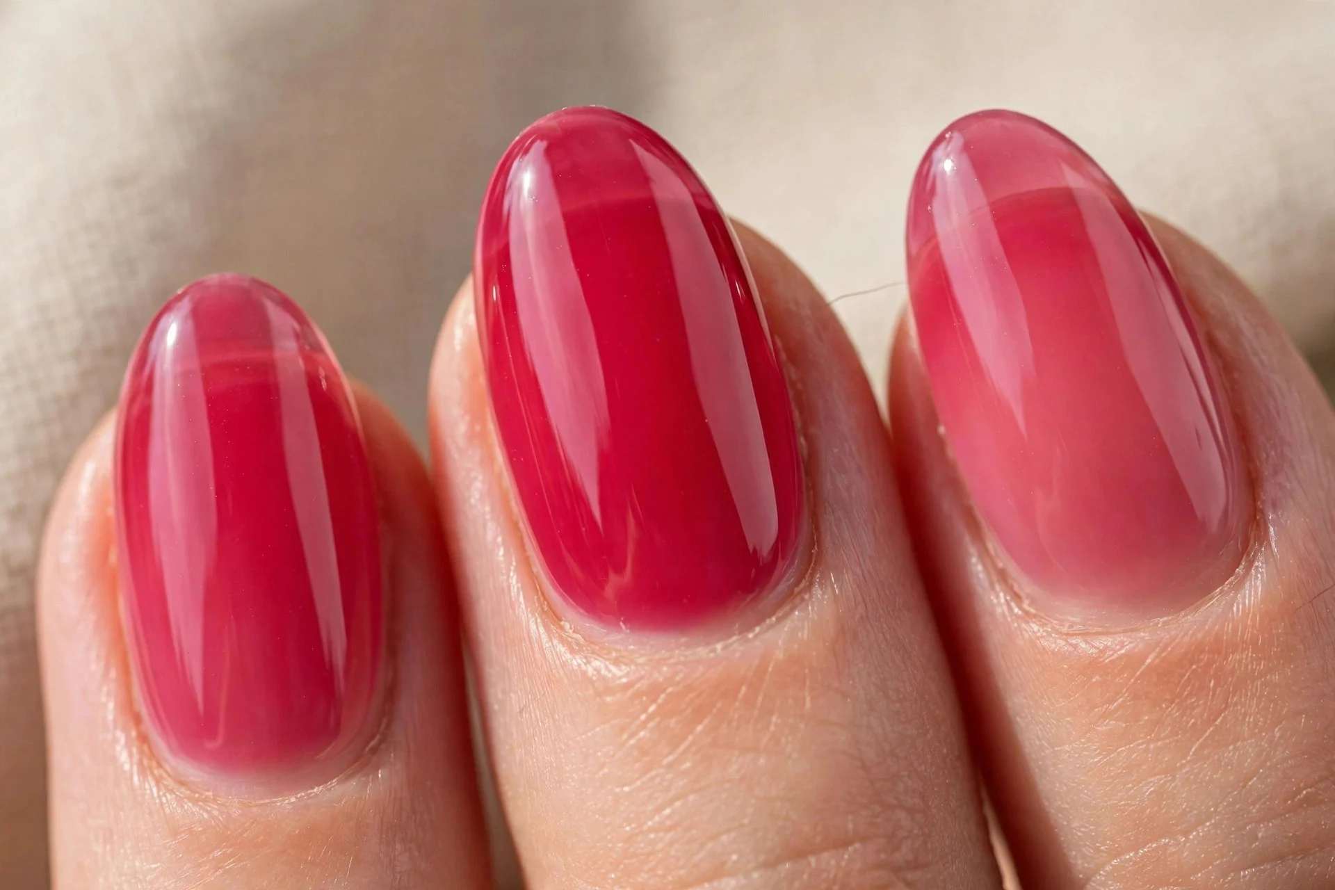 Almond nails, high-gloss raspberry jelly