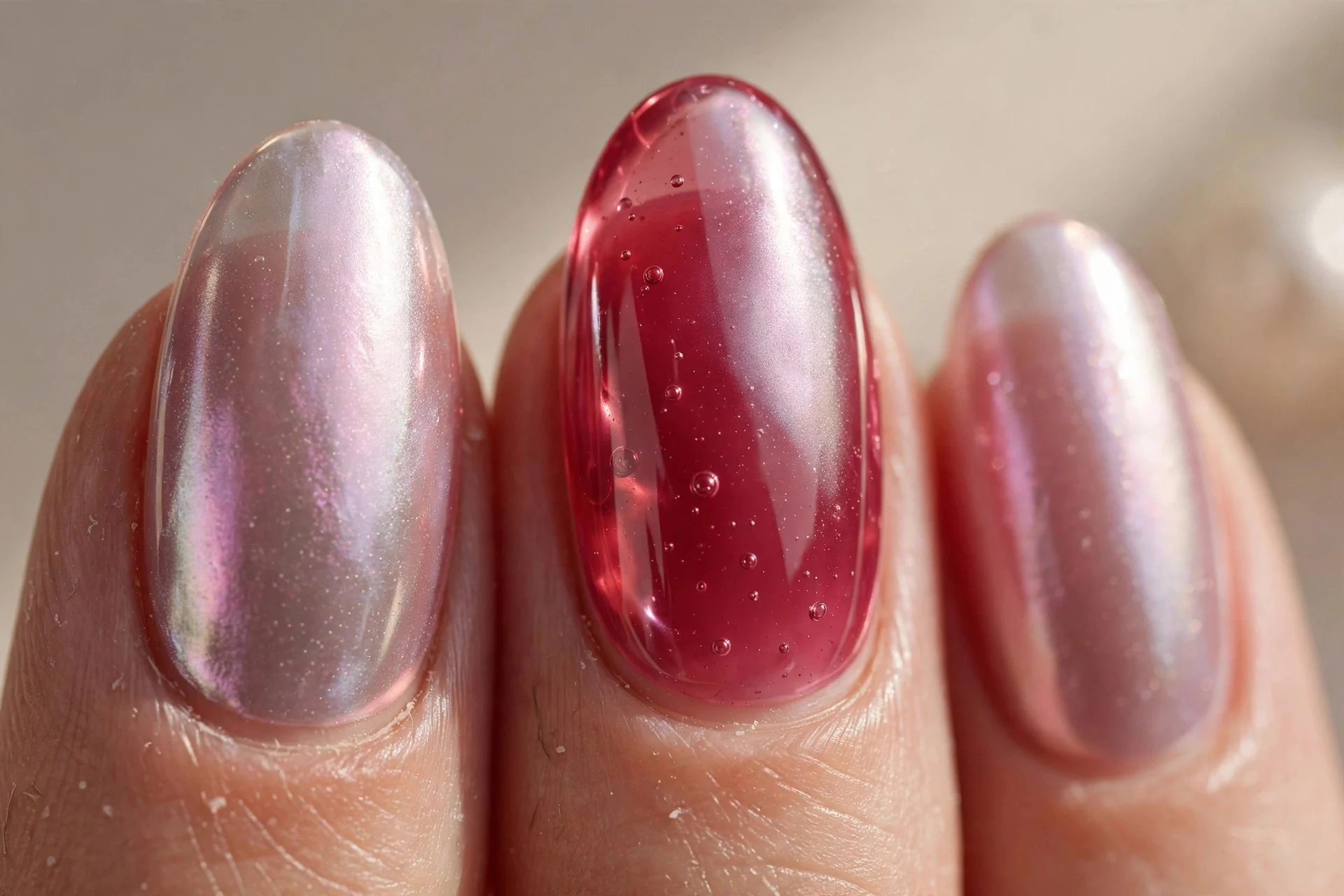 Raspberry jelly nails with pearl chrome glaze