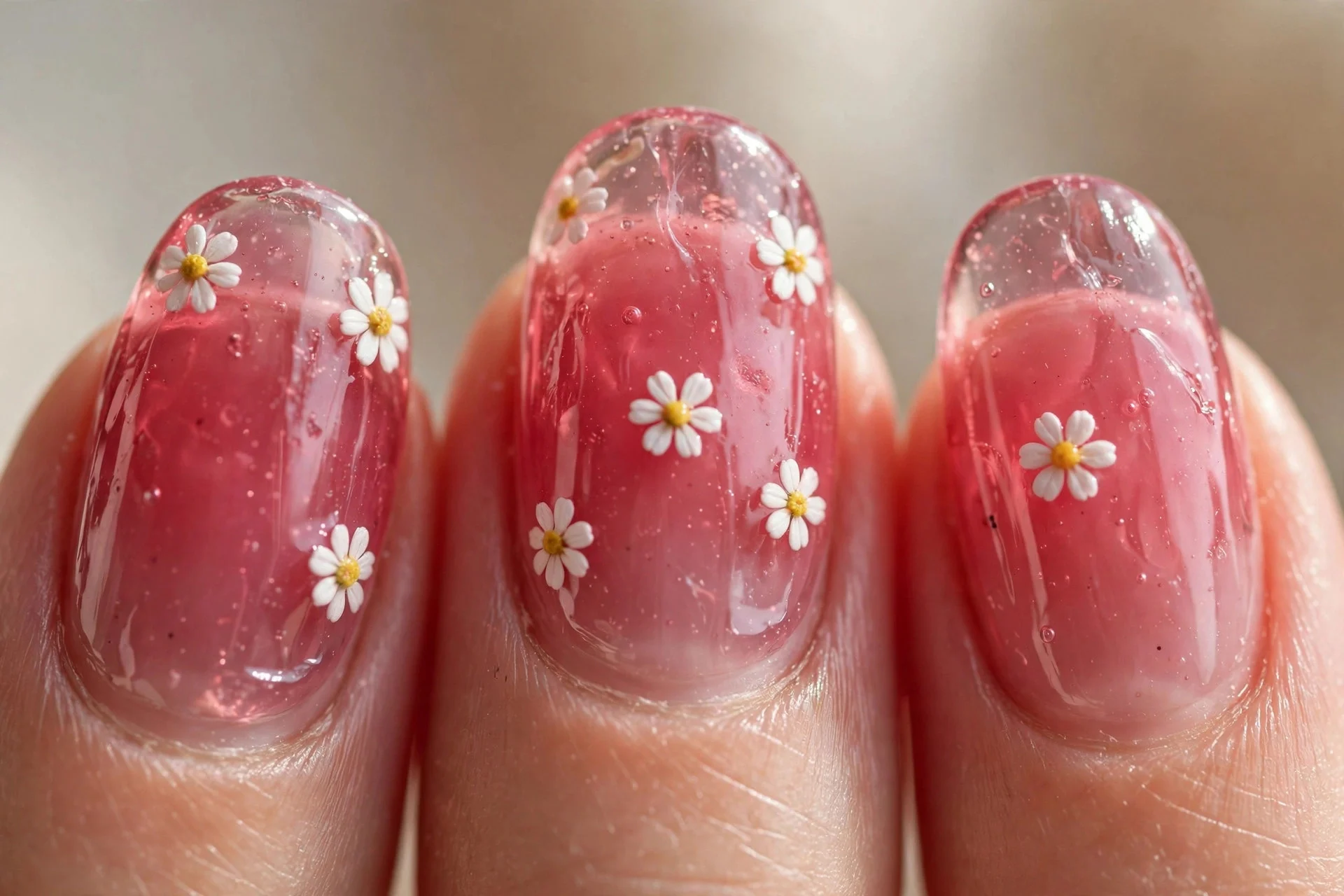 Sheer raspberry jelly nails, tiny white daisies