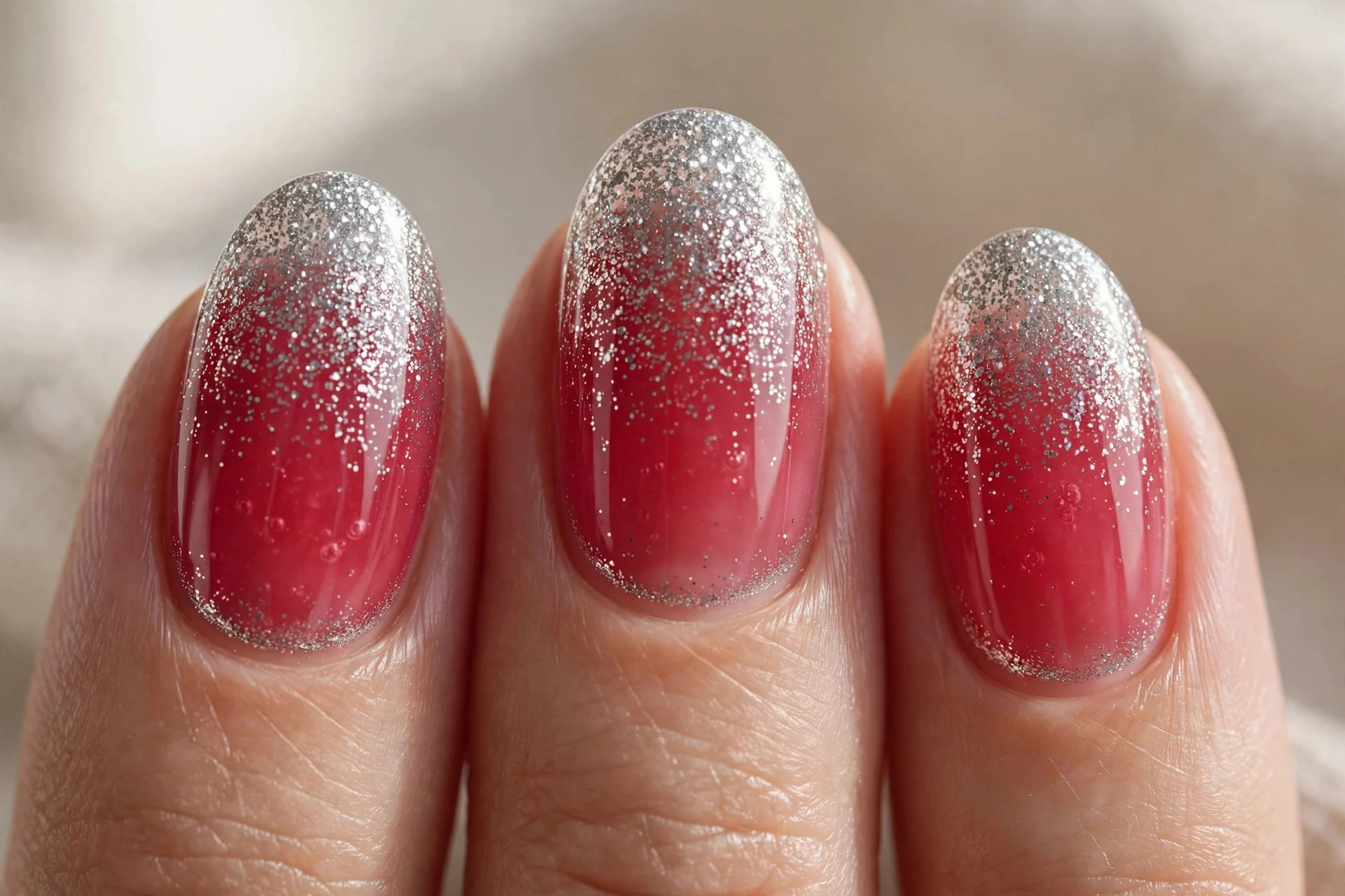 Raspberry jelly nails, silver glitter fade
