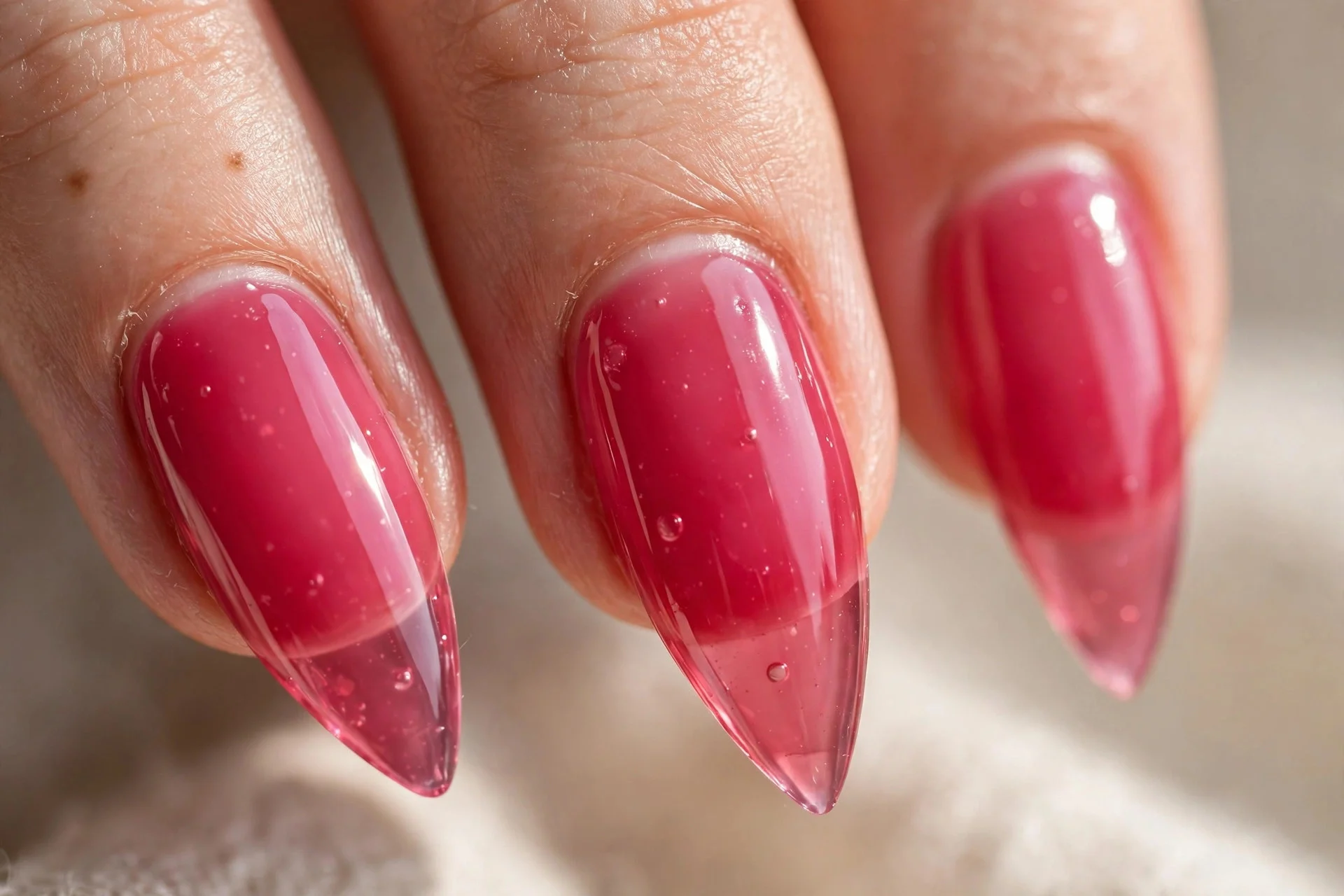 Medium stiletto nails, glossy raspberry jelly