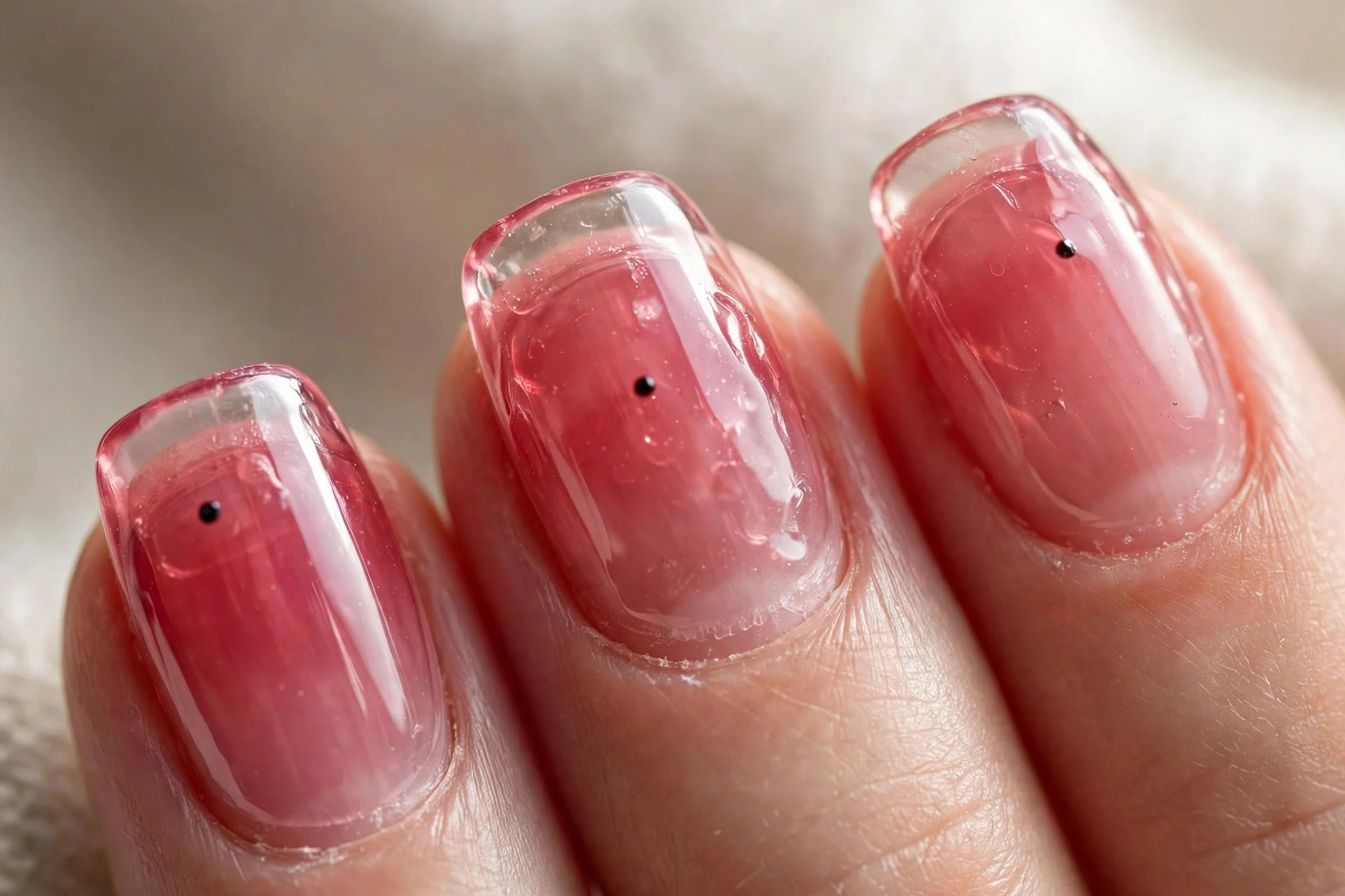 Sheer raspberry jelly nails, one tiny black dot each