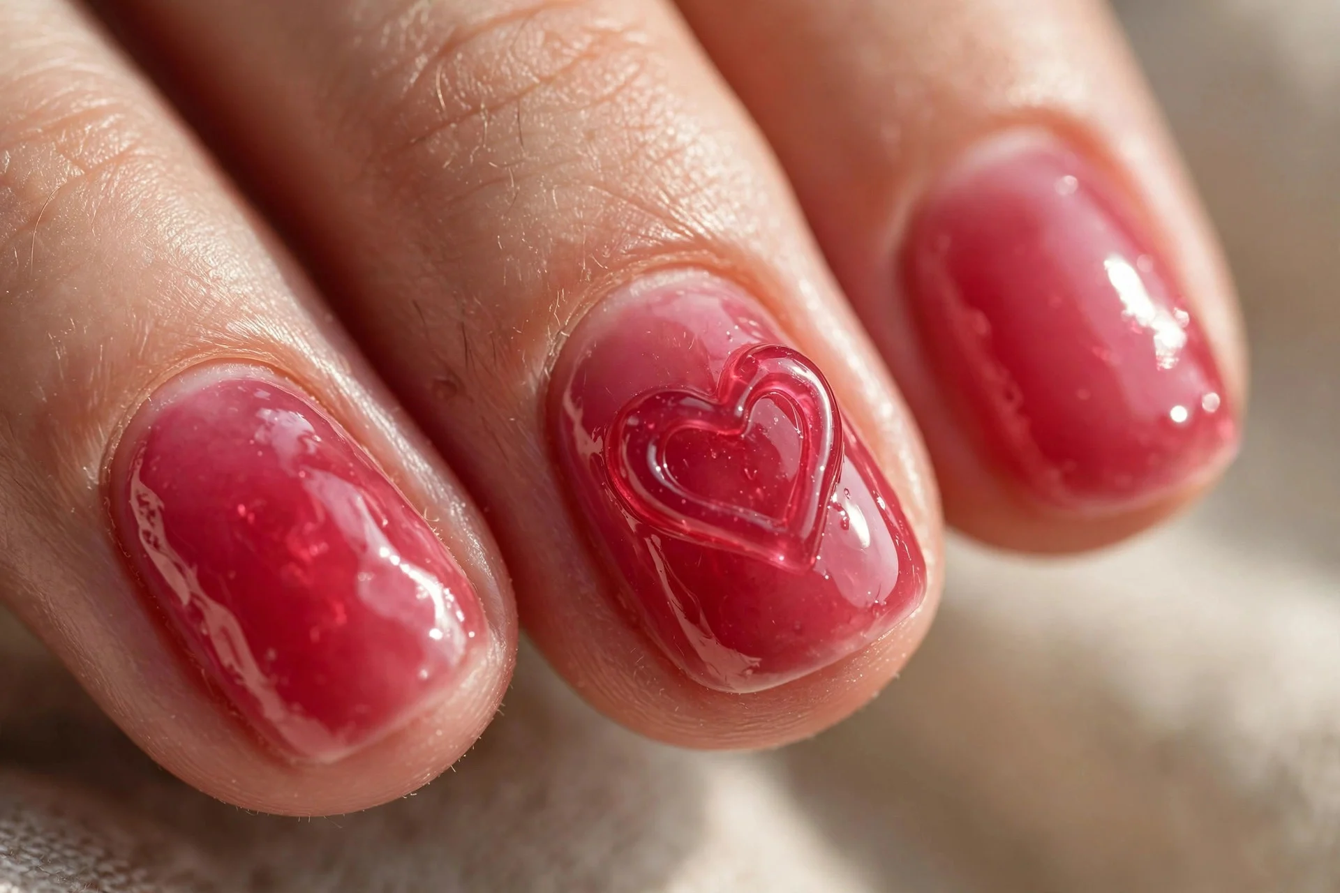 Raspberry jelly manicure, one heart accent nail