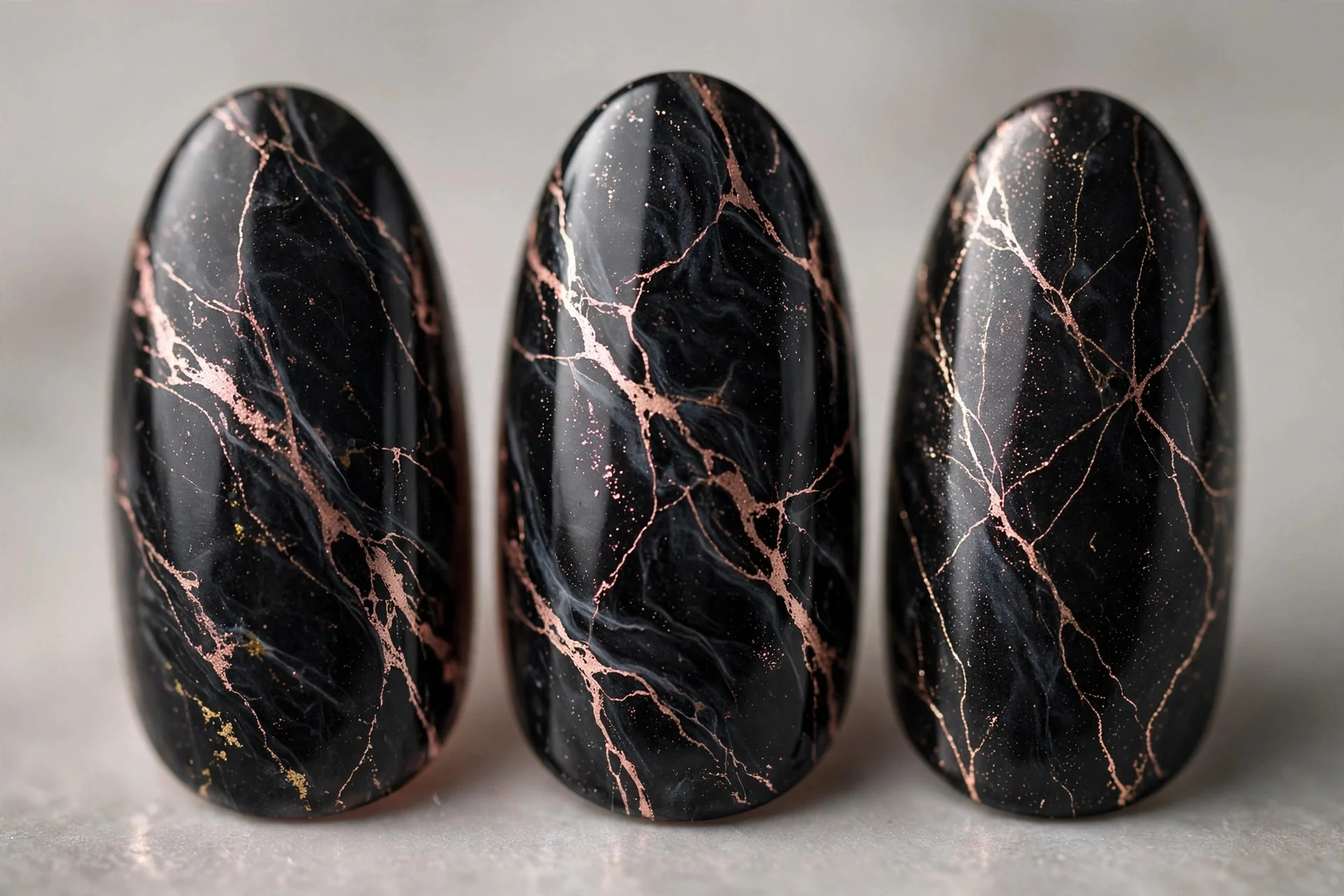 Black marble nails with rose gold veining, almond nails