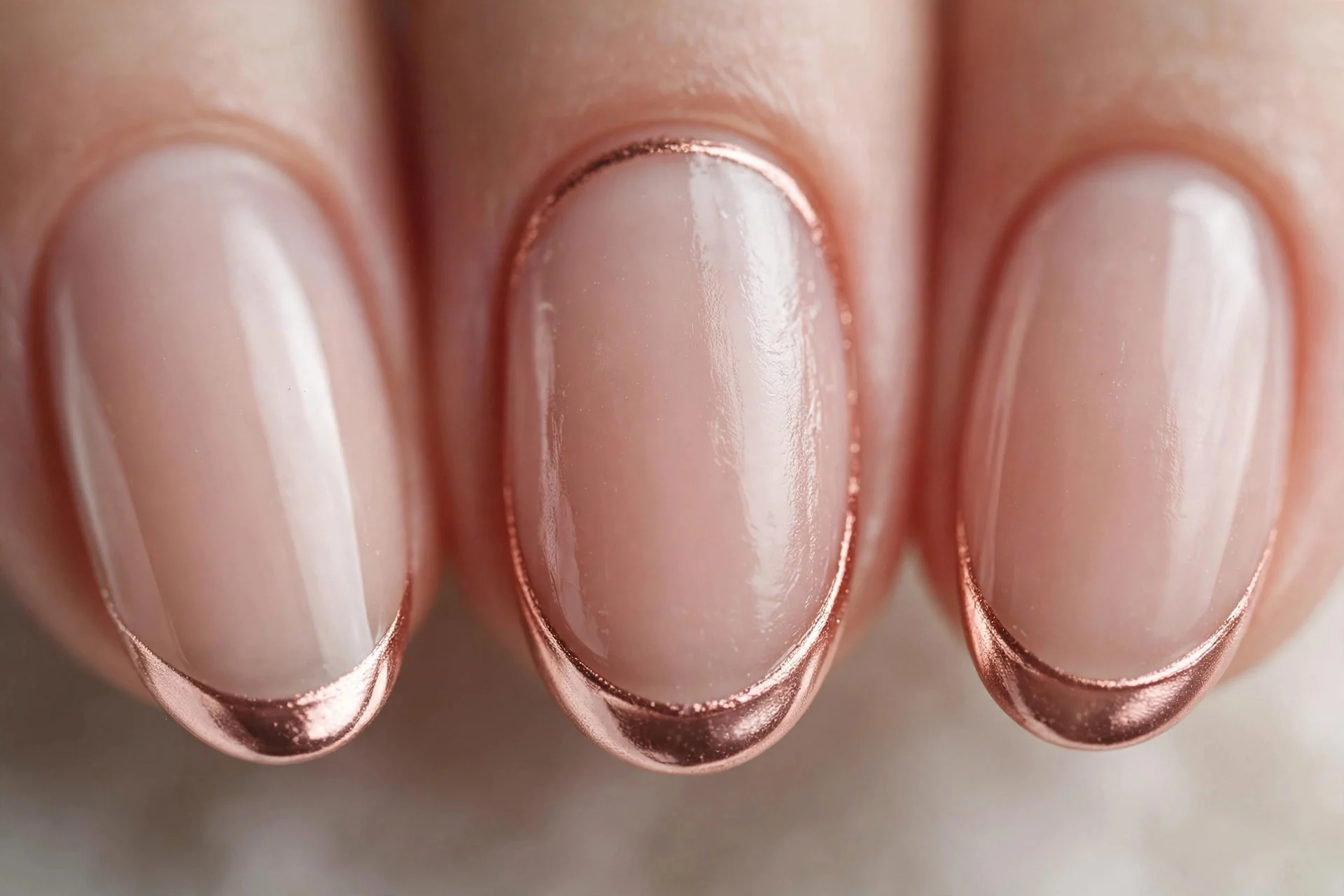 Sheer nude nails with rose gold chrome micro French tips, oval nails