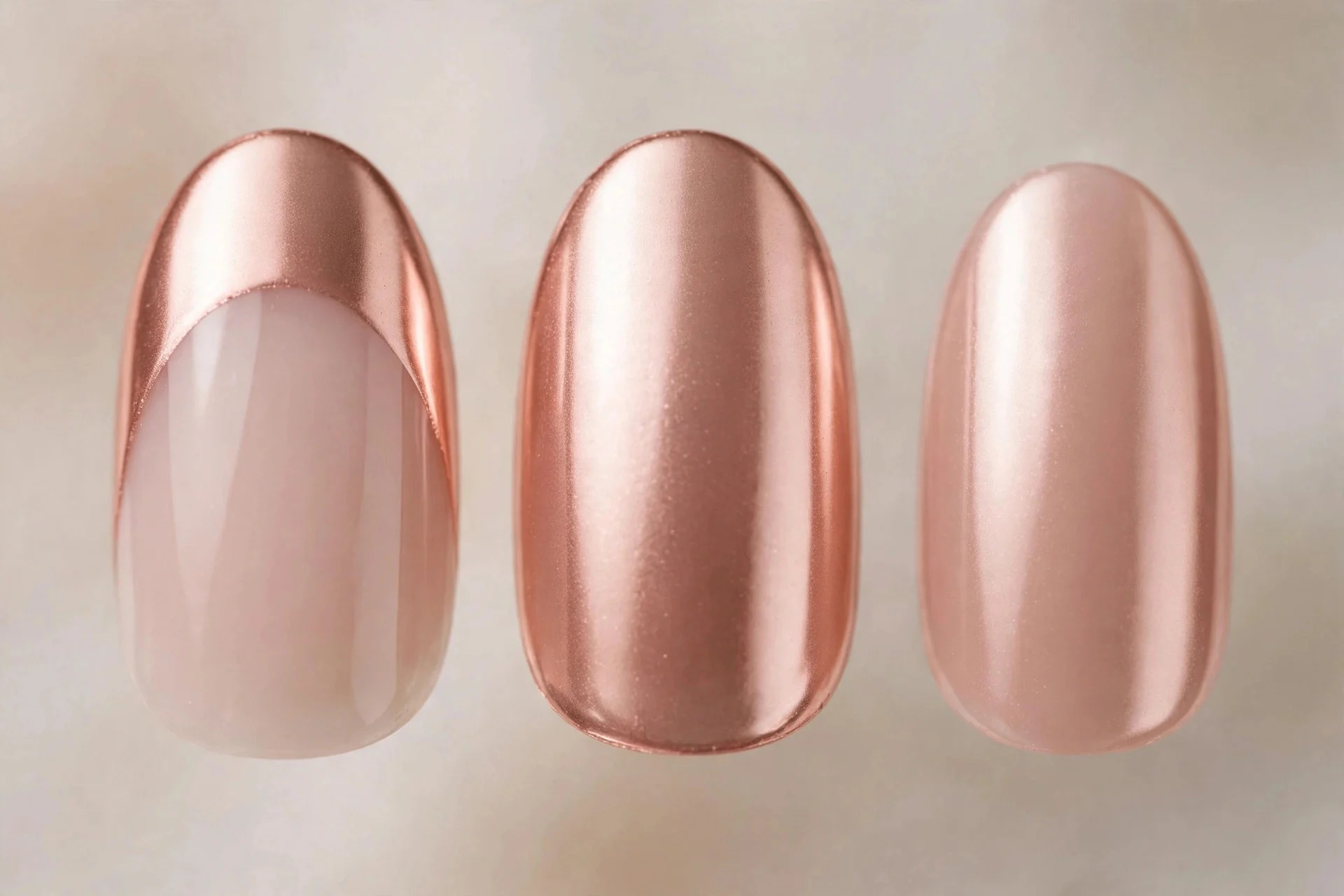 Milky nude nails with rose gold chrome glaze, short almond, luminous
