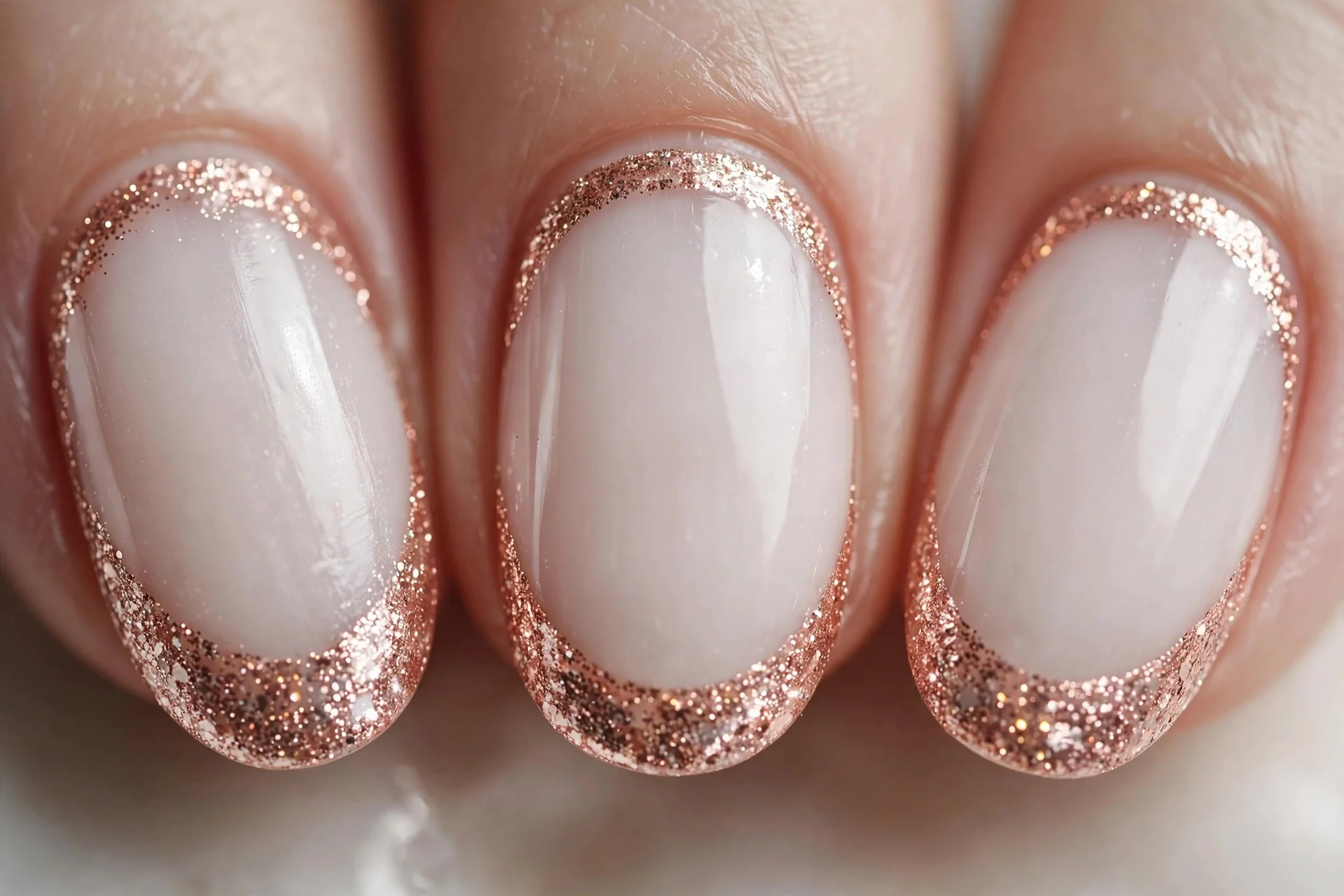Milky white nails with rose gold glitter French tips, oval nails