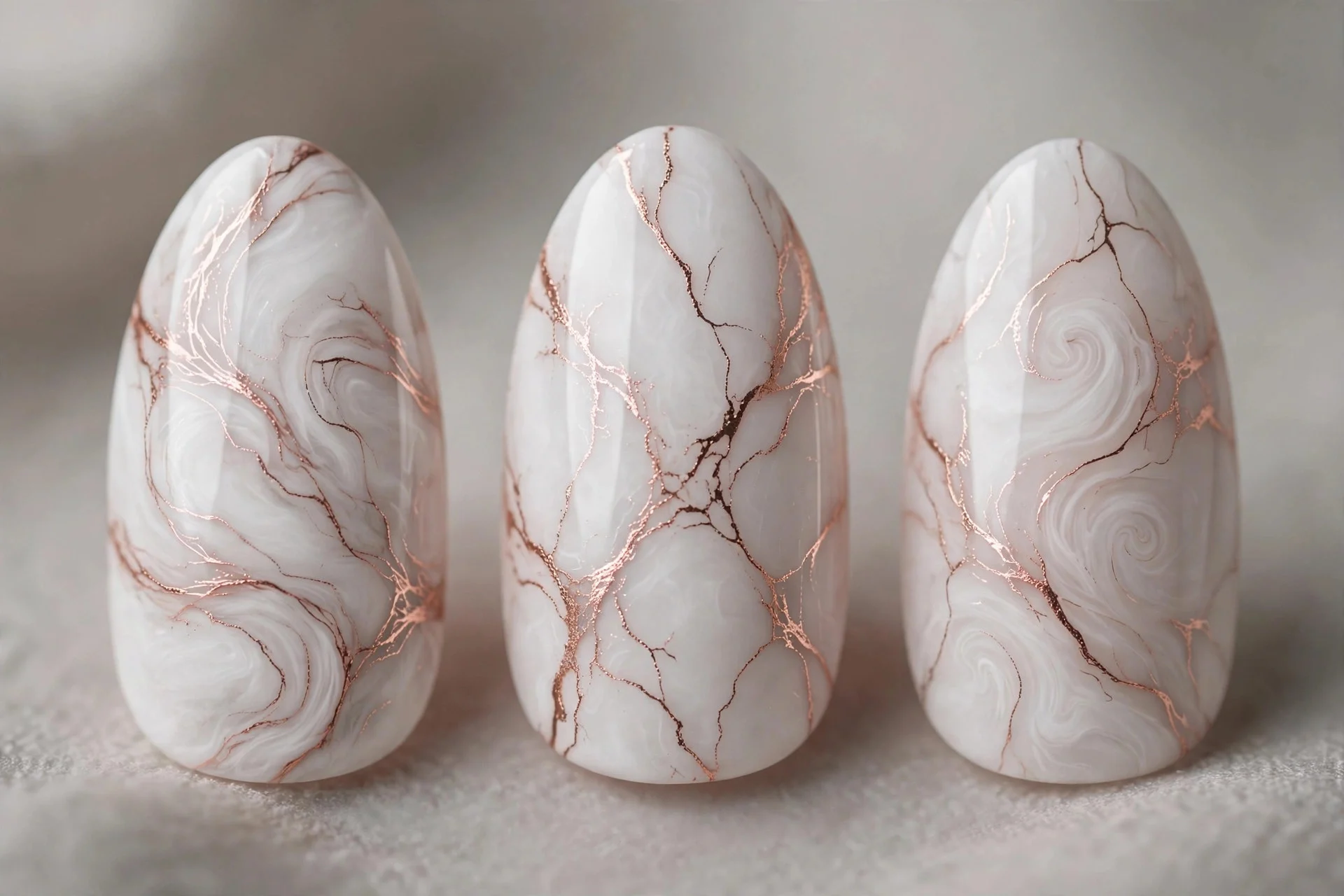 White marble nails with delicate rose gold veining, almond nails