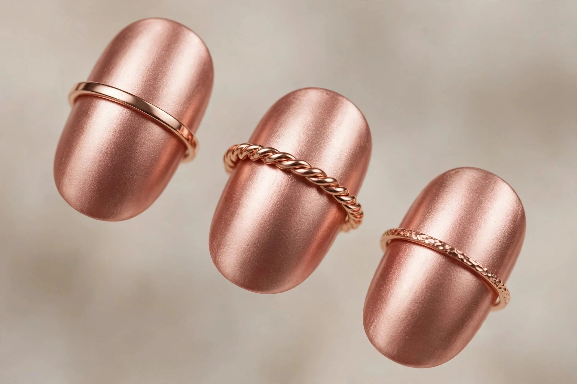 Satin rose gold chrome nails worn with rose gold rings, medium oval
