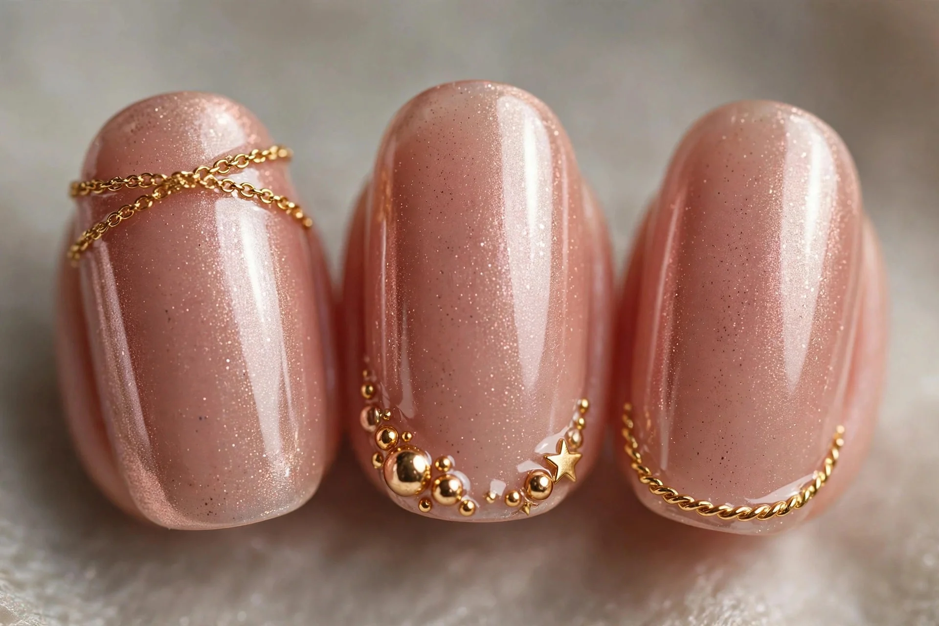 Rose gold glazed nude nails with gold jewellery, short almond
