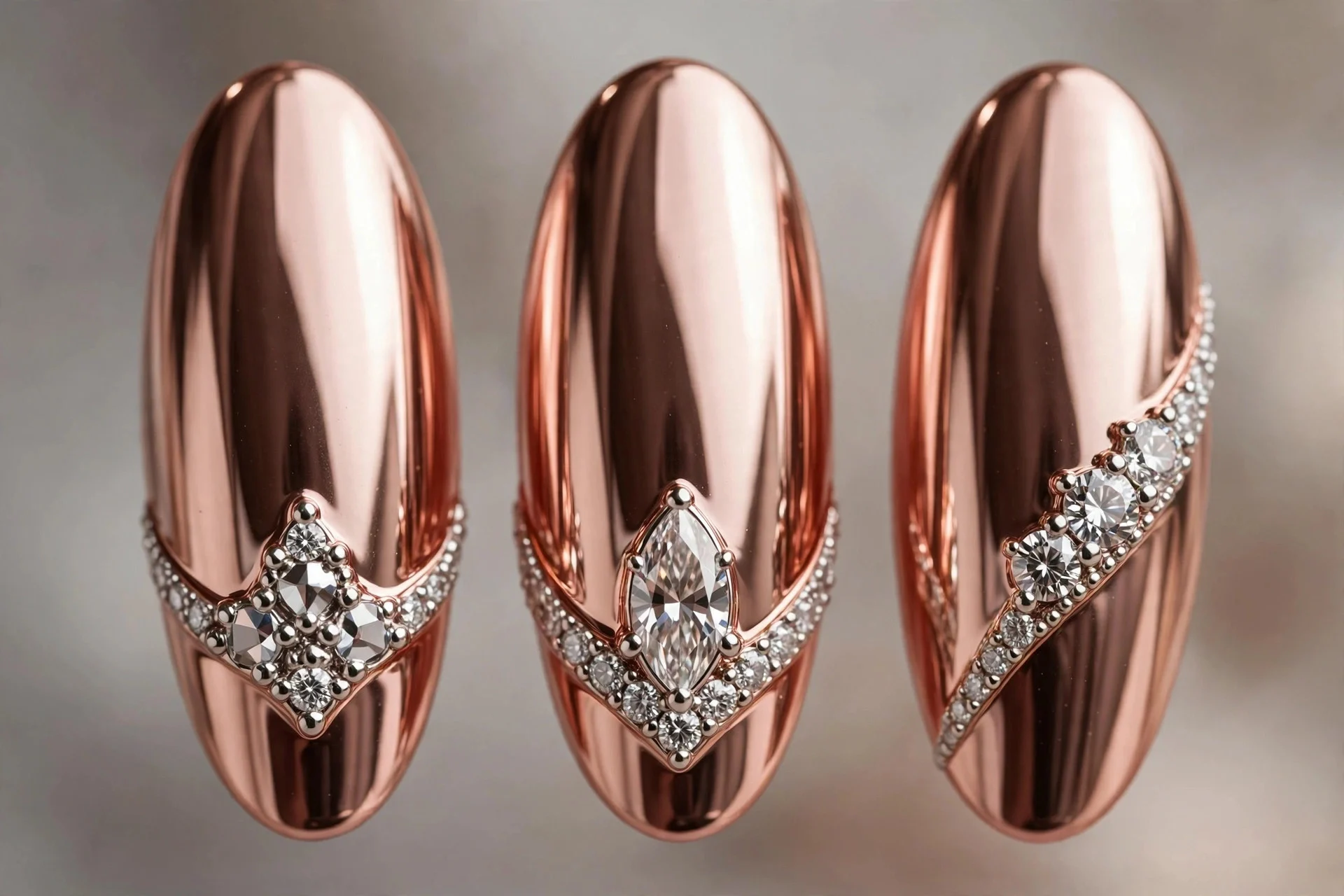 Mirror rose gold chrome nails with silver diamond jewellery, long almond