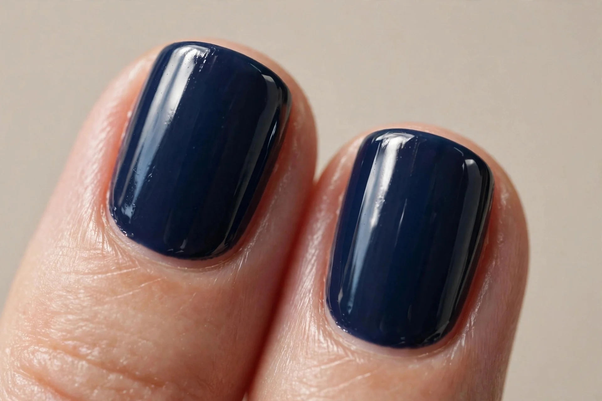 short squoval nails, midnight blue creme, glossy