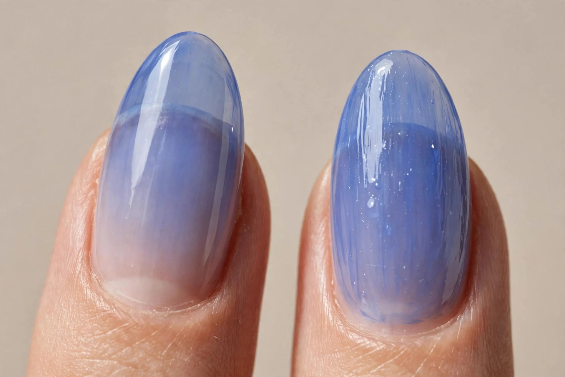 almond nails, sheer cornflower blue, glassy