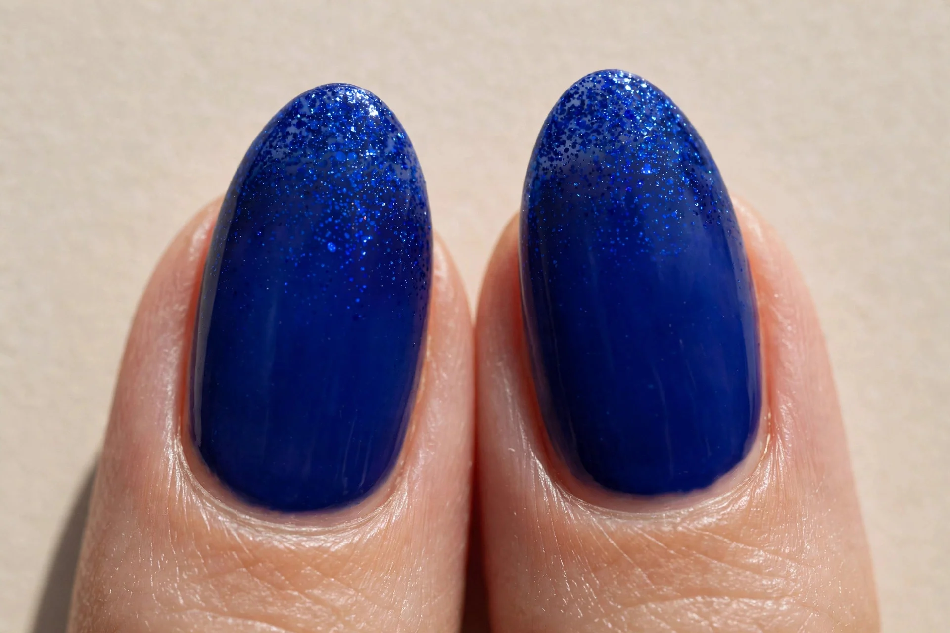 almond nails, royal sapphire, cobalt glitter tips