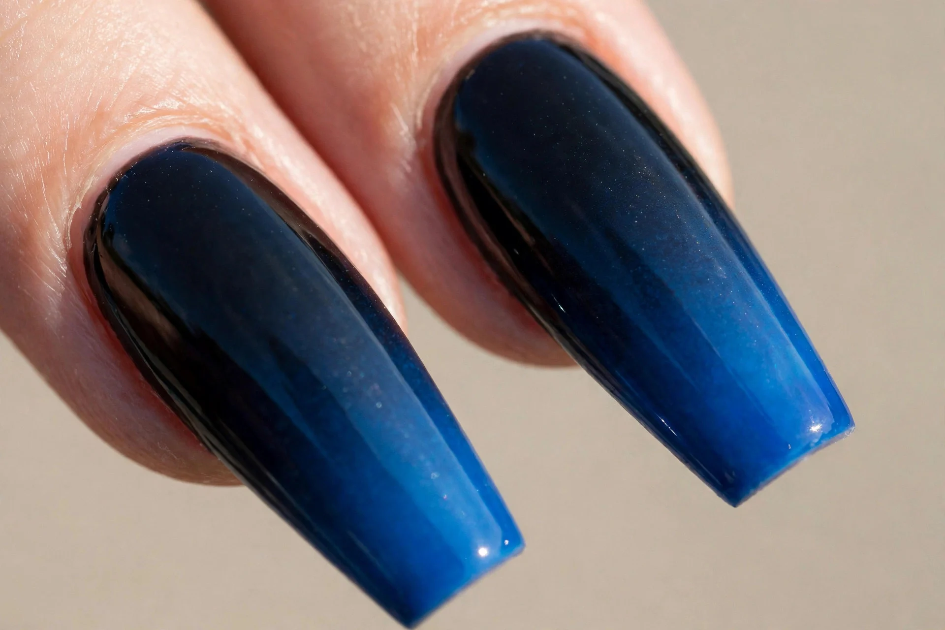 long coffin nails, midnight-to-sapphire ombre