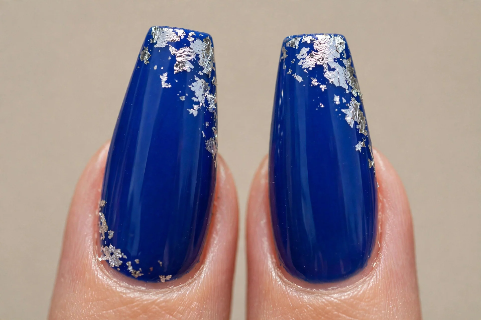 coffin nails, royal sapphire, silver foil flecks
