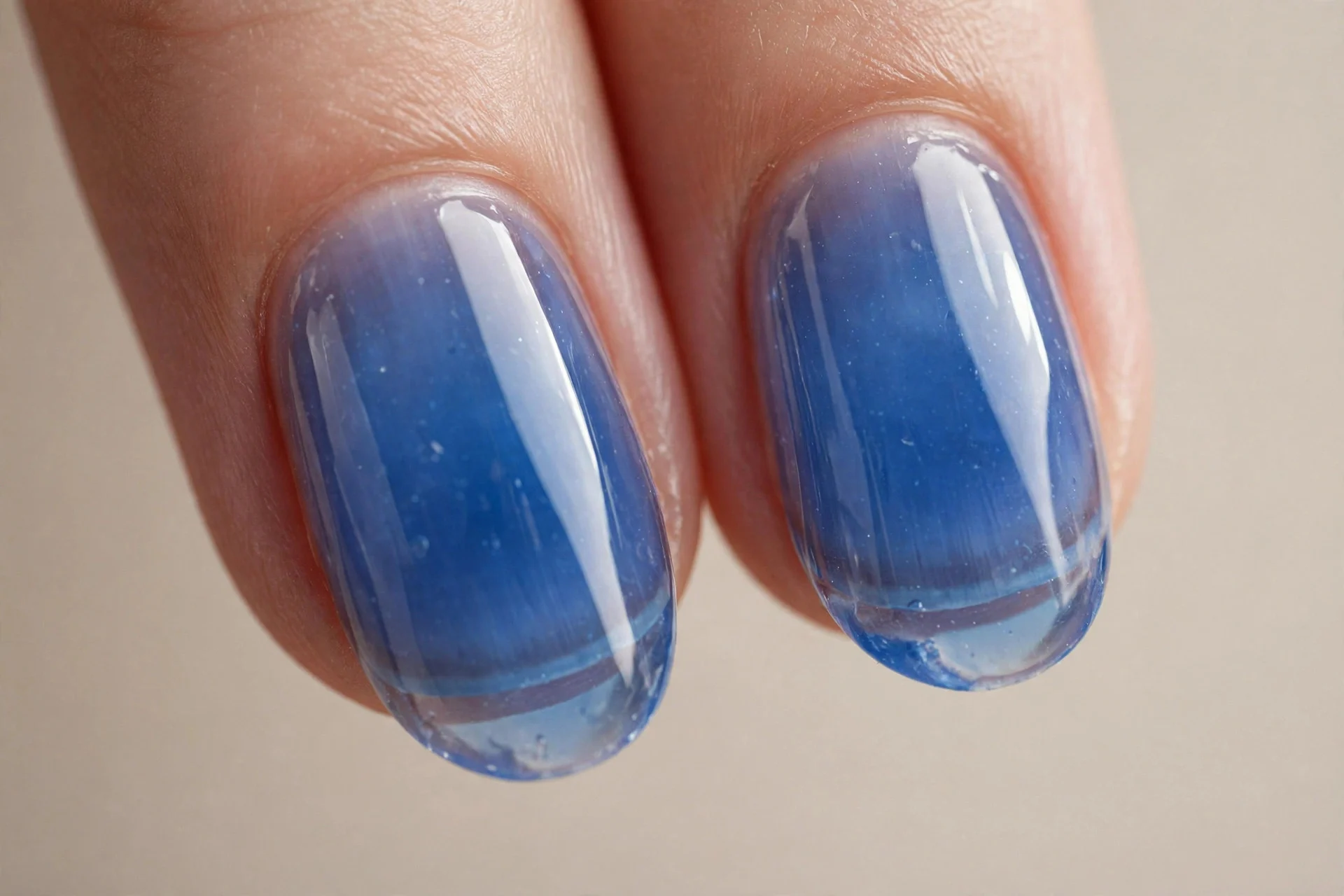 short almond nails, sapphire jelly, translucent