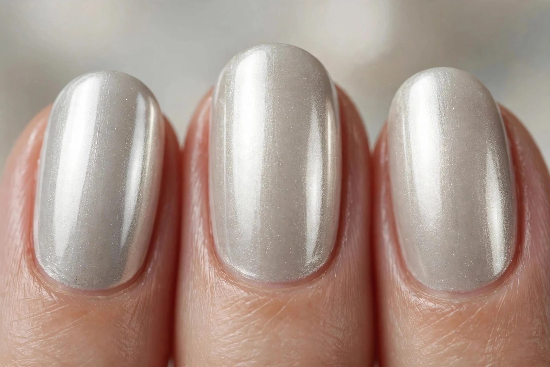 Bright silver cream polish, short almond nails, high gloss