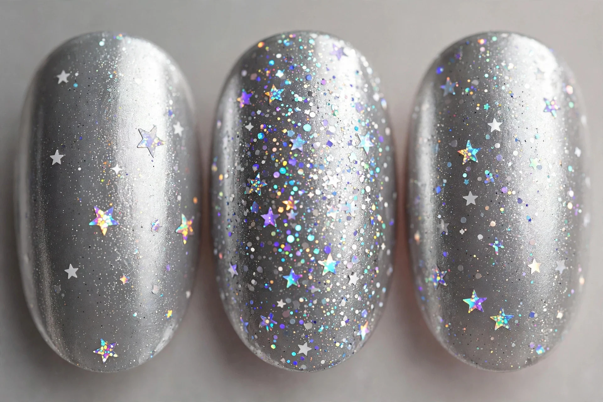 Silver nails with tiny white and holographic star art, oval nails