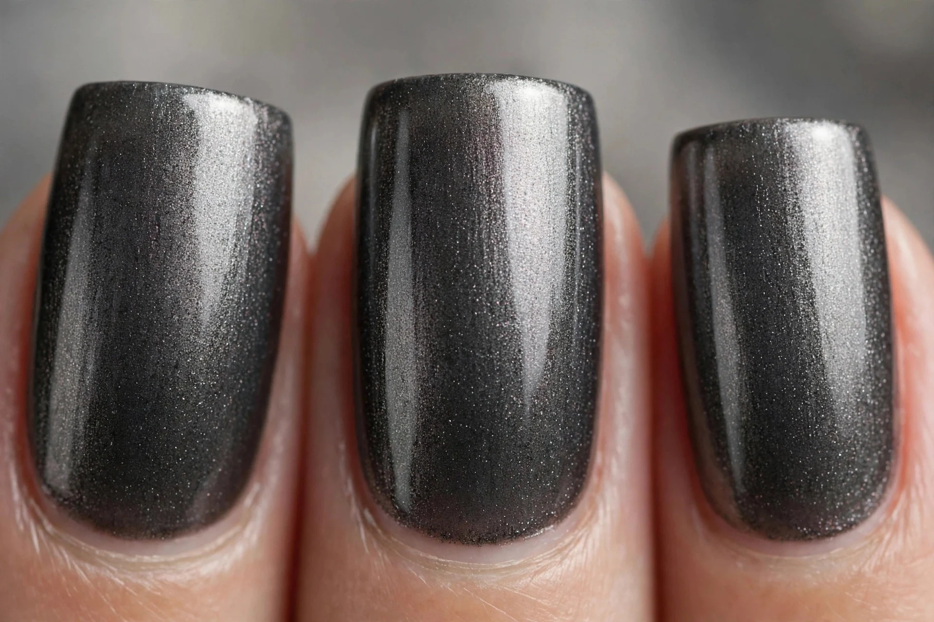 Deep smoky graphite grey metallic polish, medium square nails