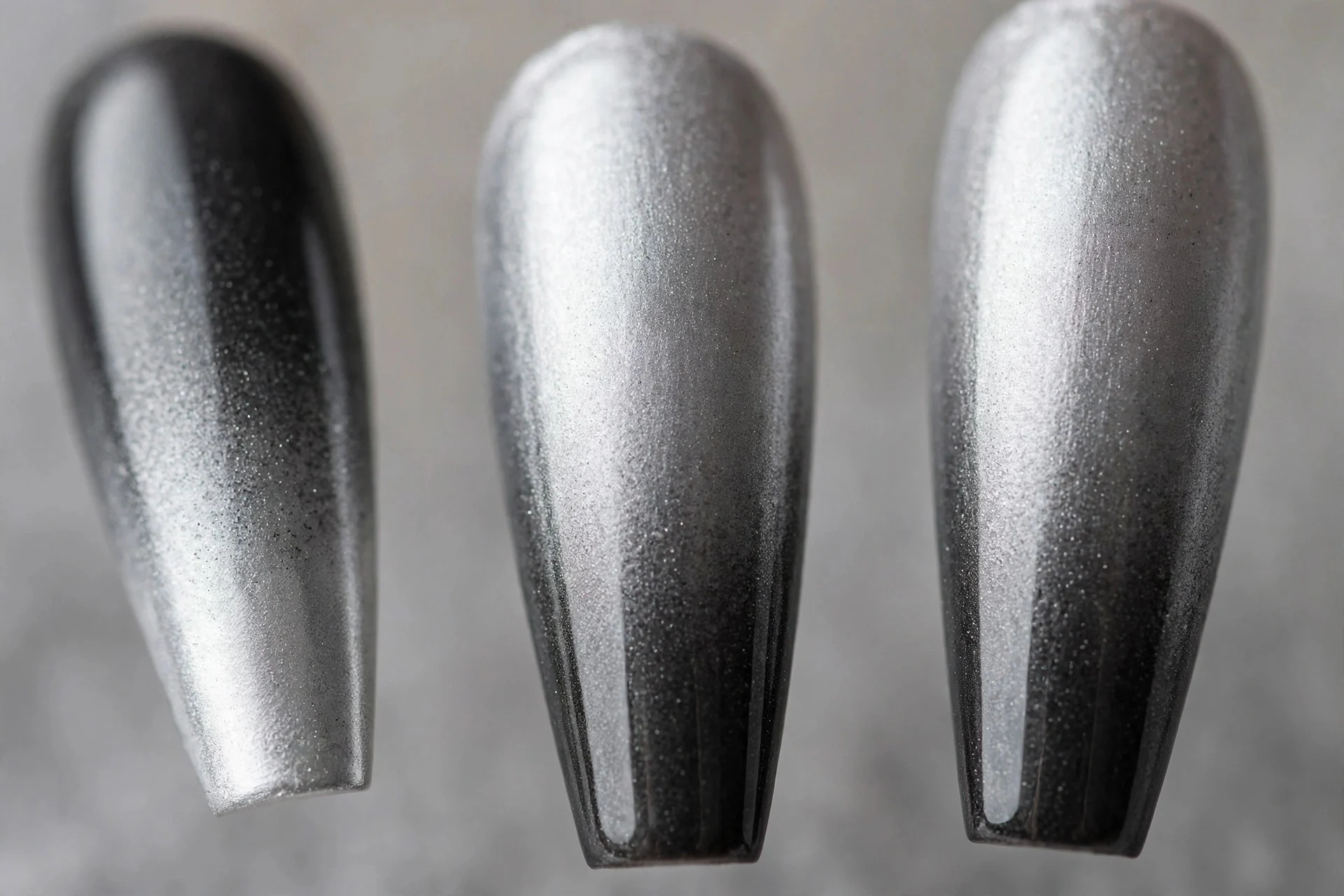 Silver to graphite ombré gradient nails, long coffin nails