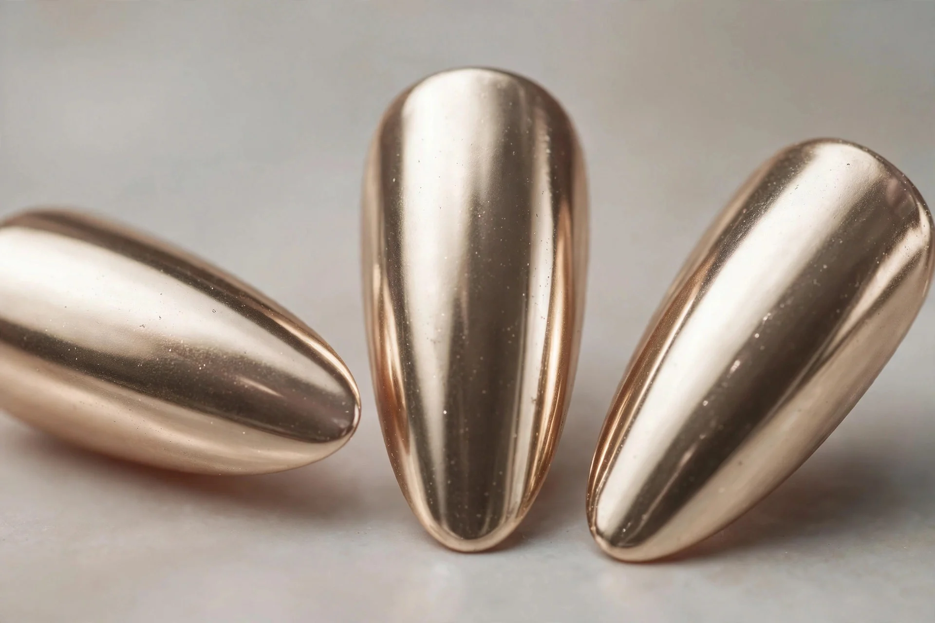 Warm champagne silver chrome nails, long almond, mirror shine