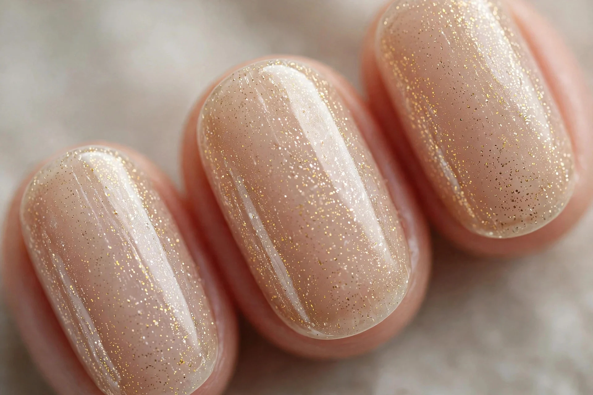 Sheer champagne nails with fine golden shimmer, short oval